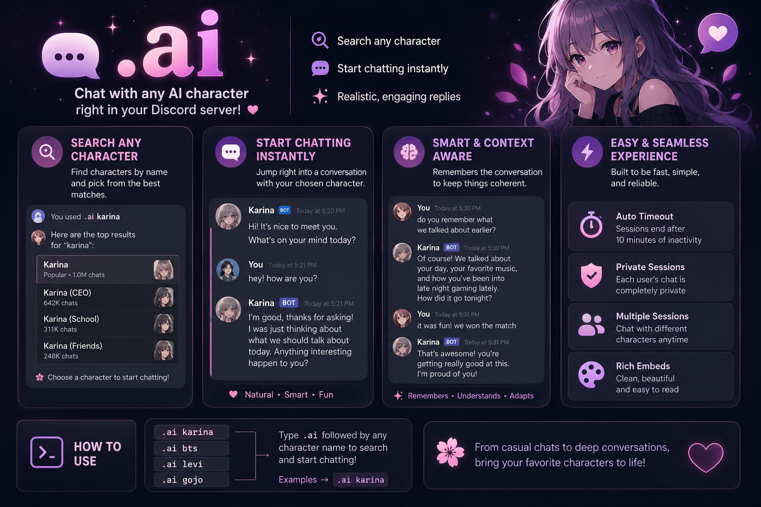Hanni Bot .ai command showing idol character selection and chat