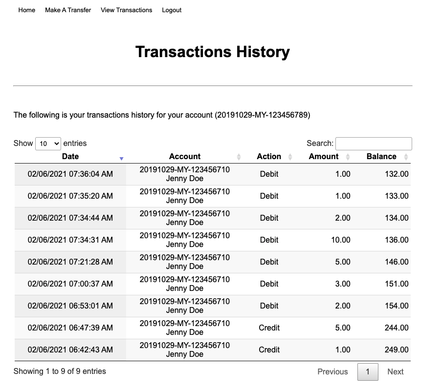 Customer UI payments history page