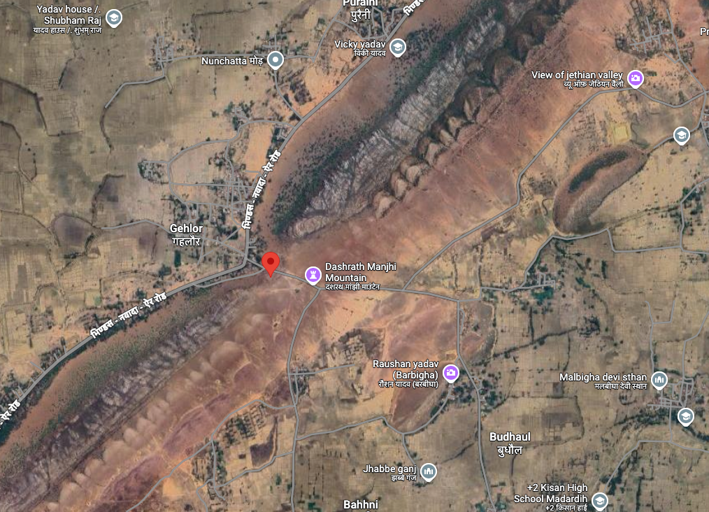 Satellite view of the Gehlour Hills showing the location of Dashrath Manjhi’s road