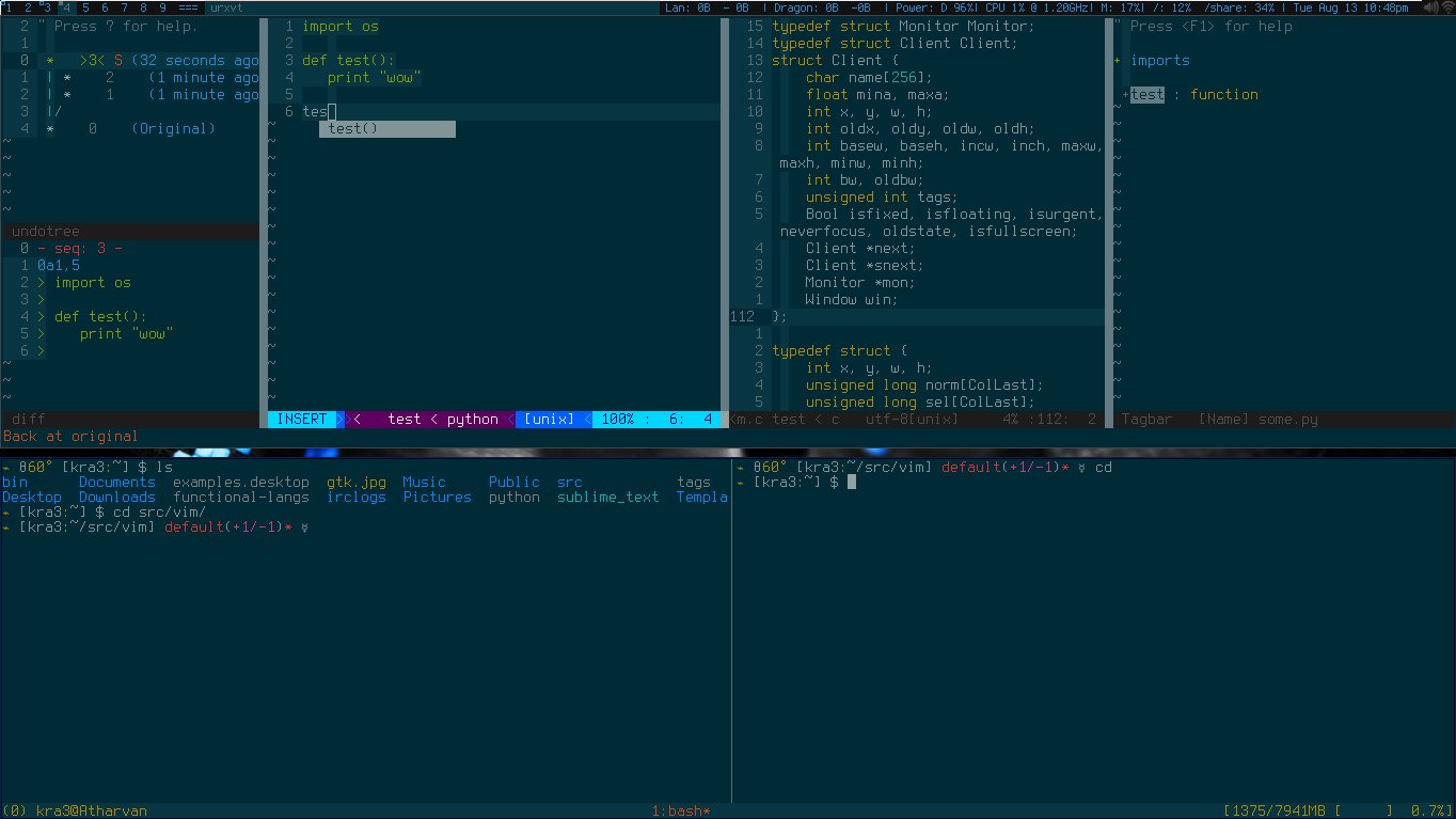 DWM, Conky, tmux, Vim (shows undotree, tagbar, youcompleteme, airline in action), Fully solarized! uses terminus font