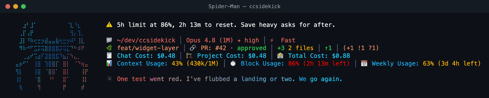 Animated reel cycling through ccsidekick's character packs (Batman, Spider-Man, Yoda, and more), each an ASCII figure in its own theme beside a live Claude Code status line of git, cost, context, and usage with an in-character comment