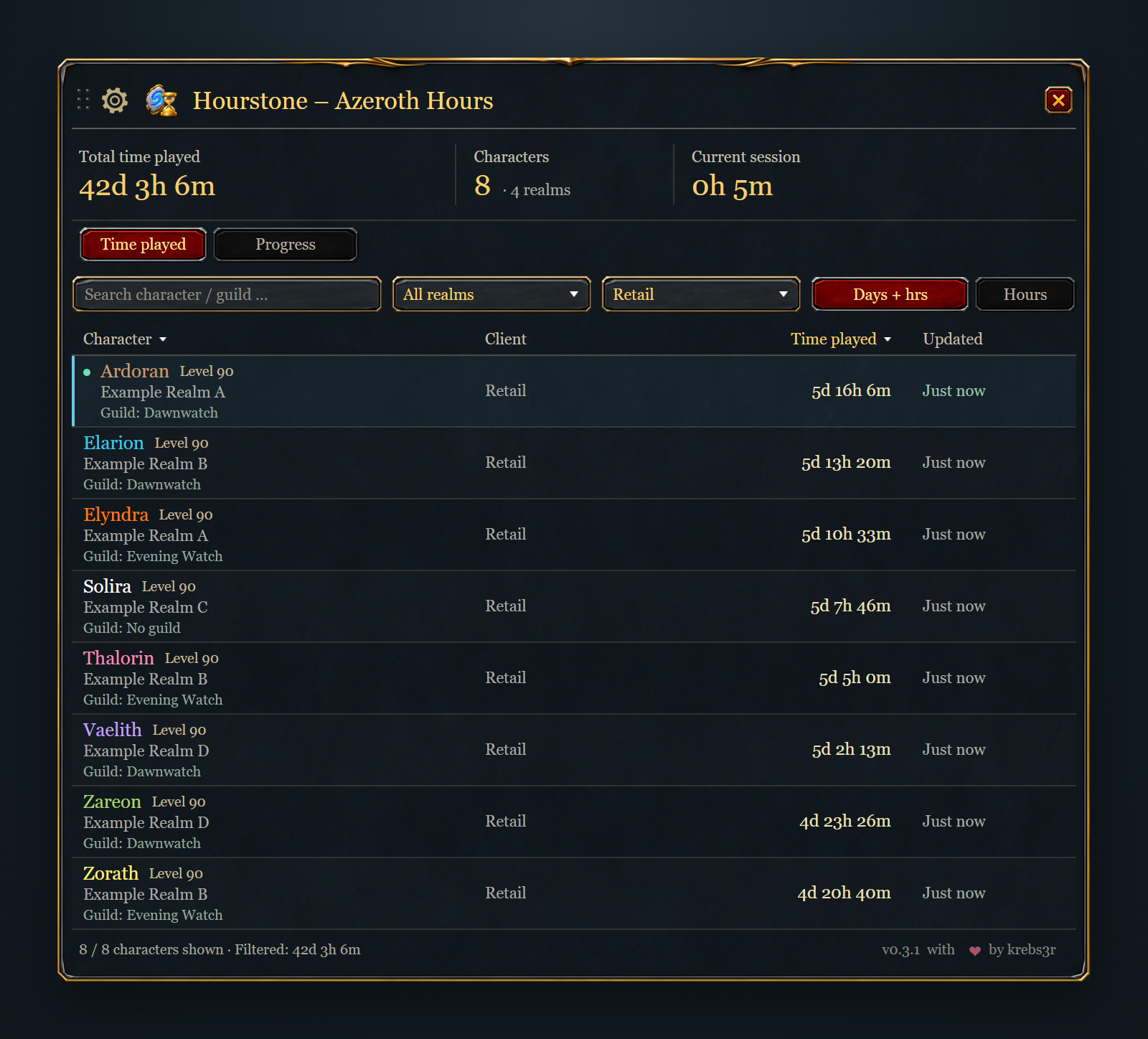 Hourstone playtime overview with character, guild and client information