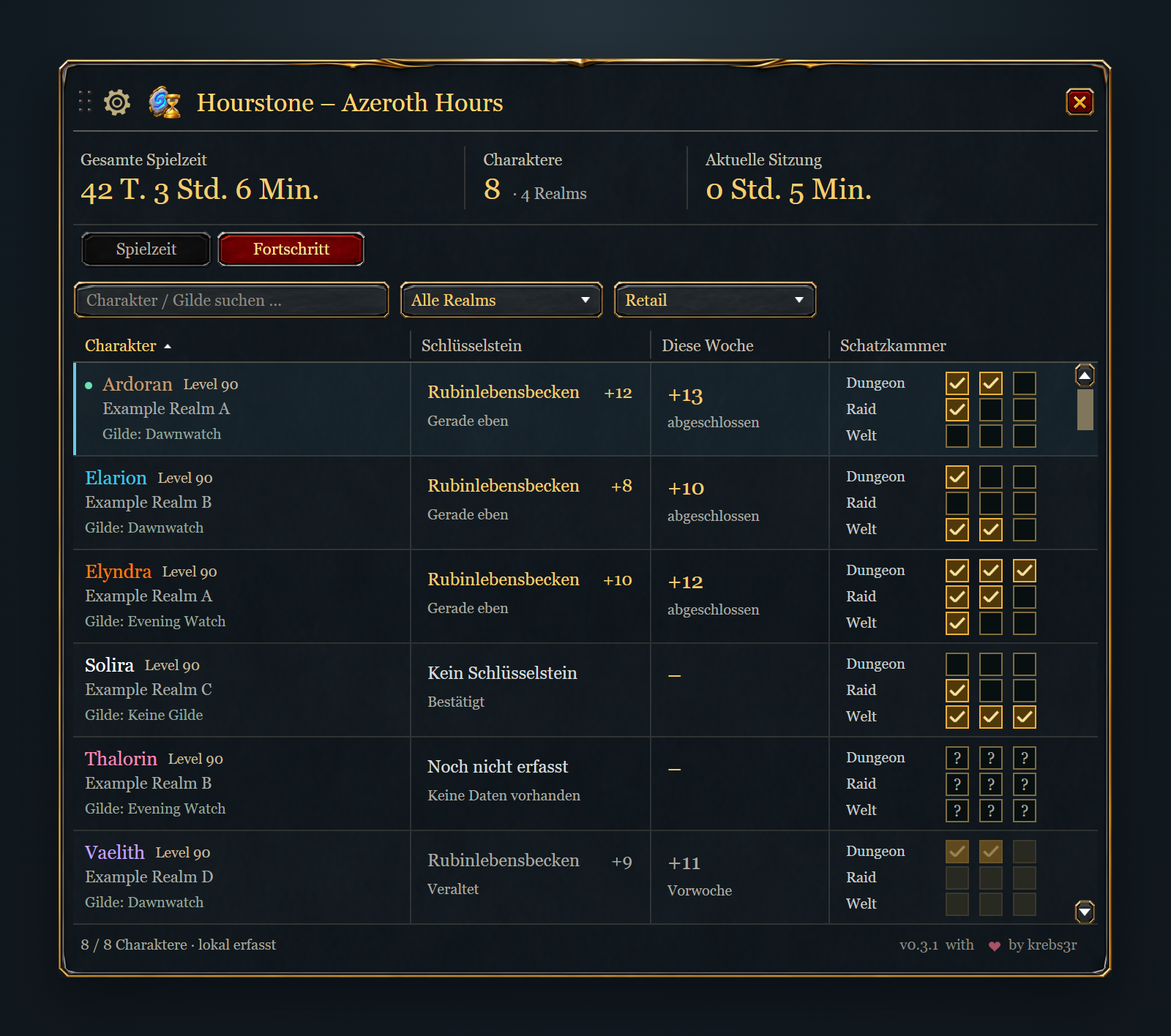 Hourstone-Fortschritt mit Schlüsselsteinen, M+-Wochenbestleistung und Schatzkammer-Slots