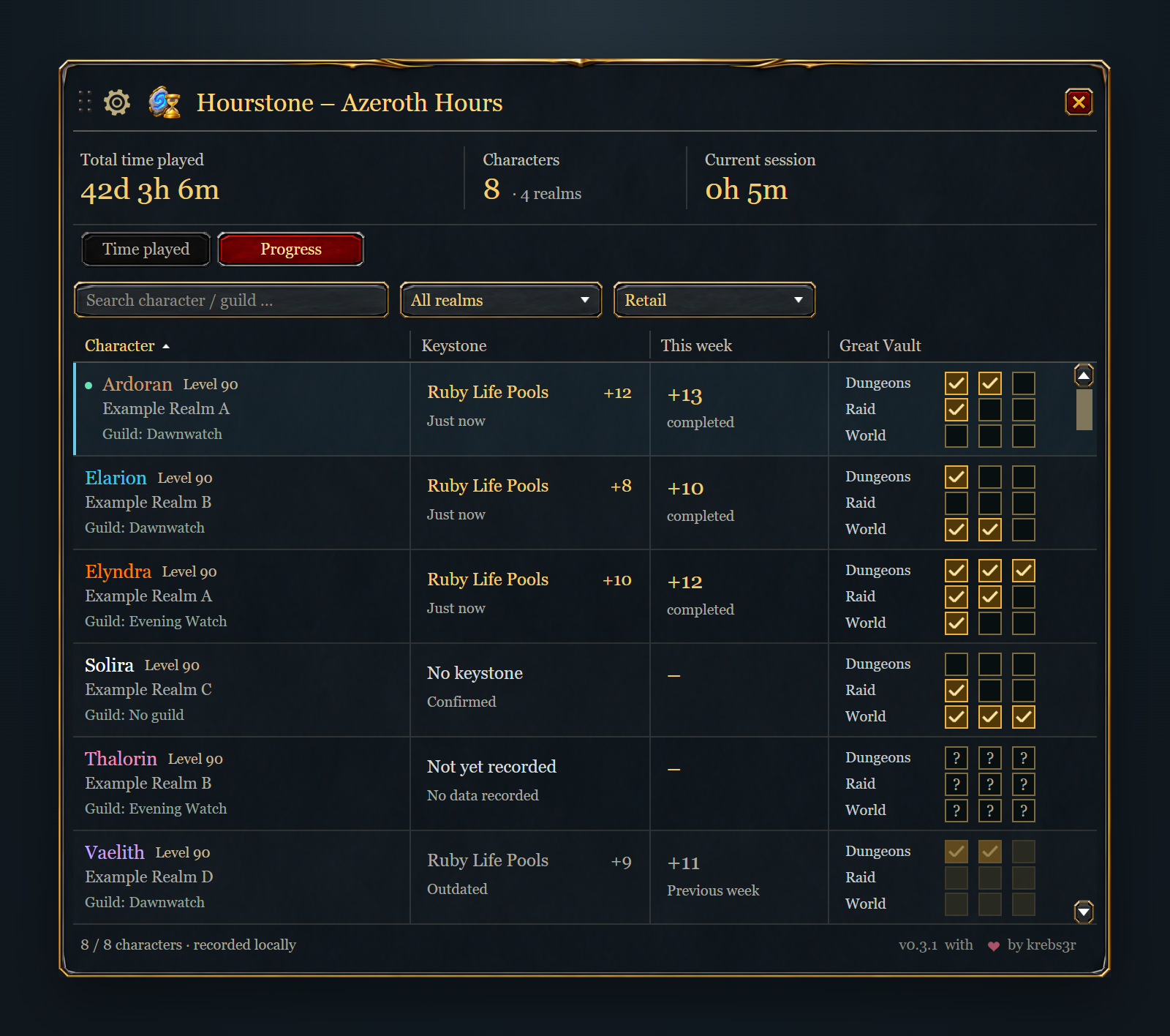 Hourstone Retail progress with keystones, weekly Mythic+ best and Great Vault slots