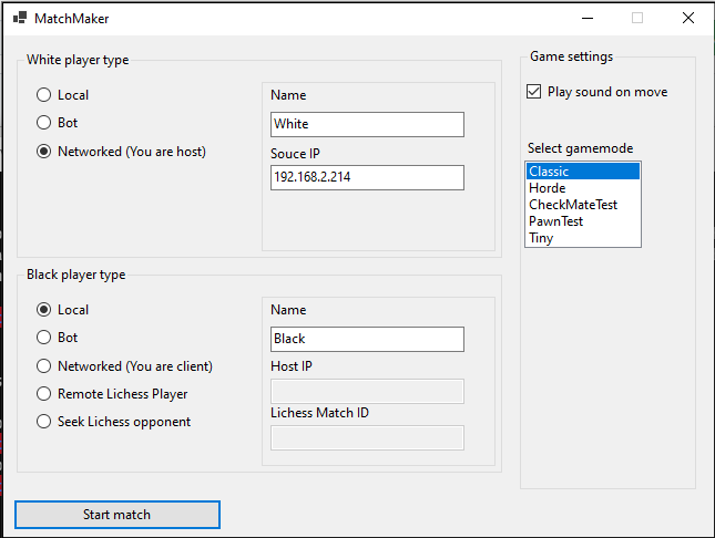 Player 1 (host) setup of networked playmode