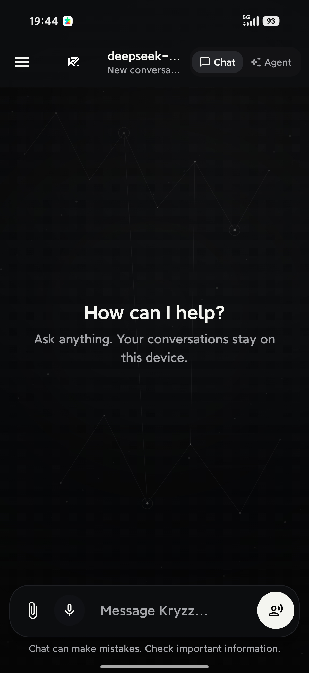 New chat home with Chat/Agent tabs and message composer