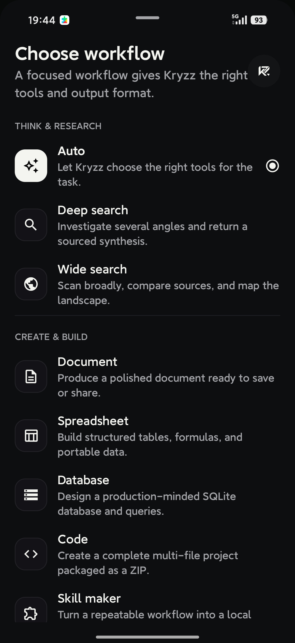 Workflow picker: Auto, Deep search, Wide search, Document, Spreadsheet, Database, Code