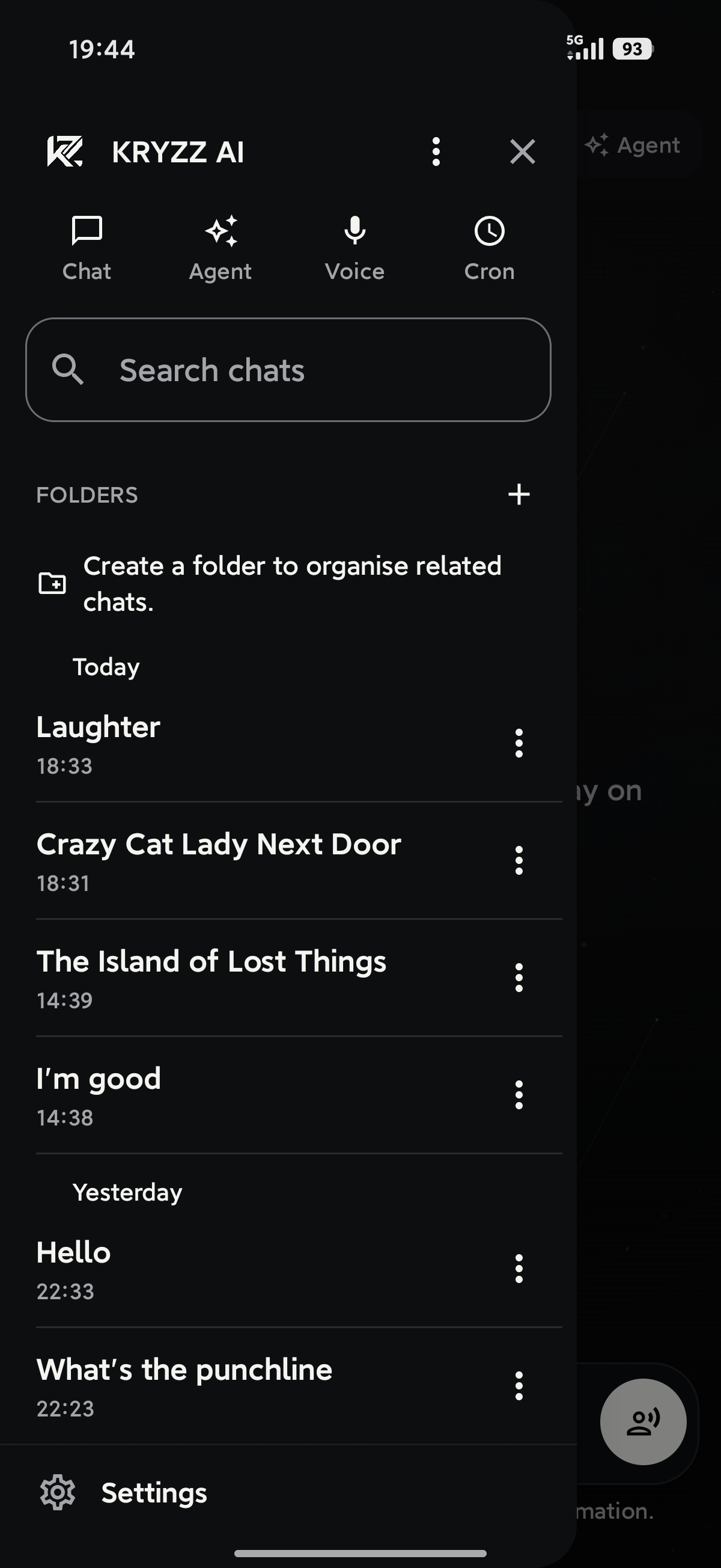 Side drawer with Chat / Agent / Voice / Cron navigation and recent chats