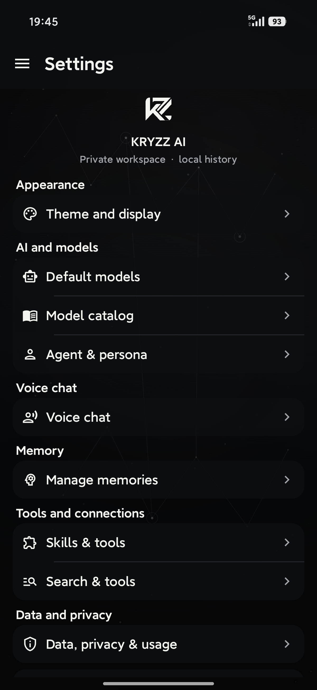 Settings home with sectioned list