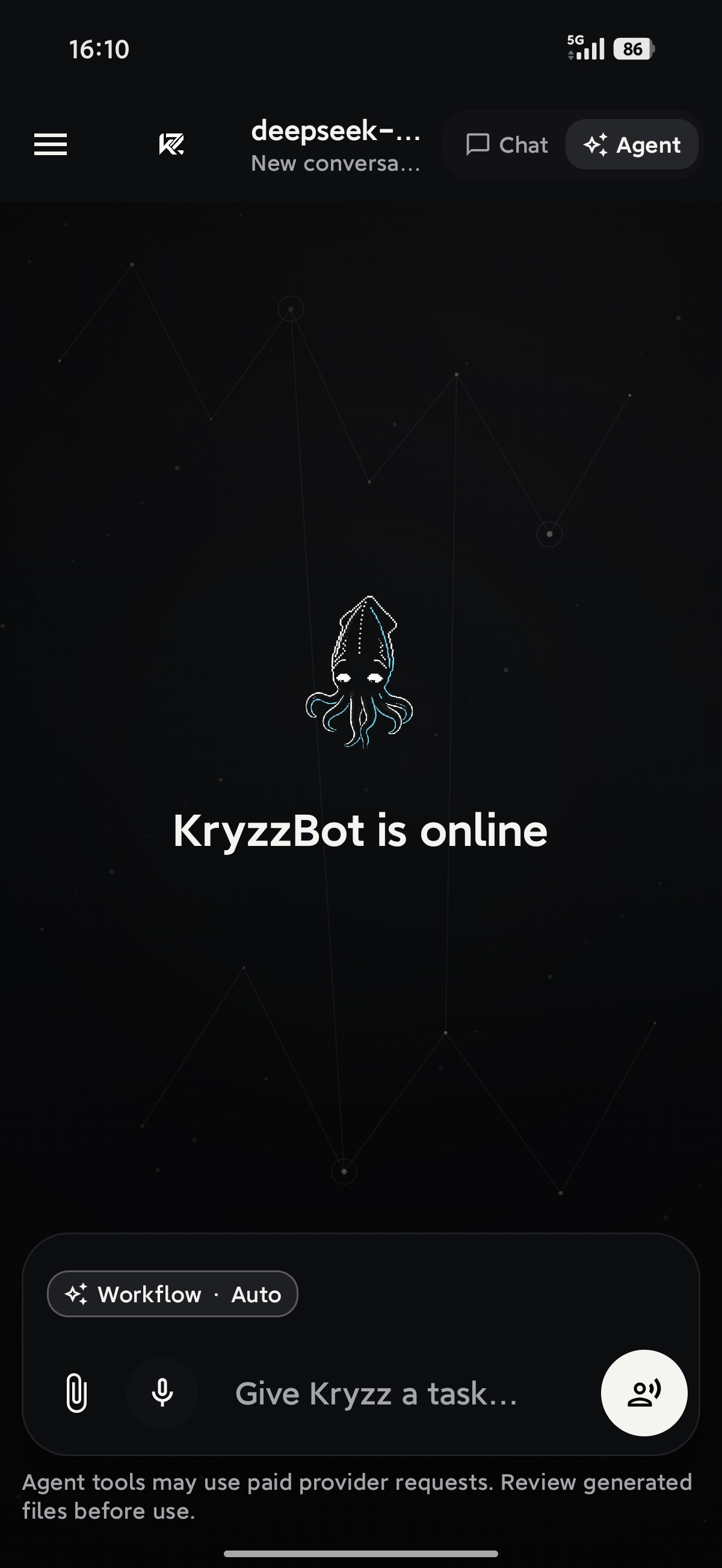 Agent home with the KryzzBot mascot and the Workflow Auto composer