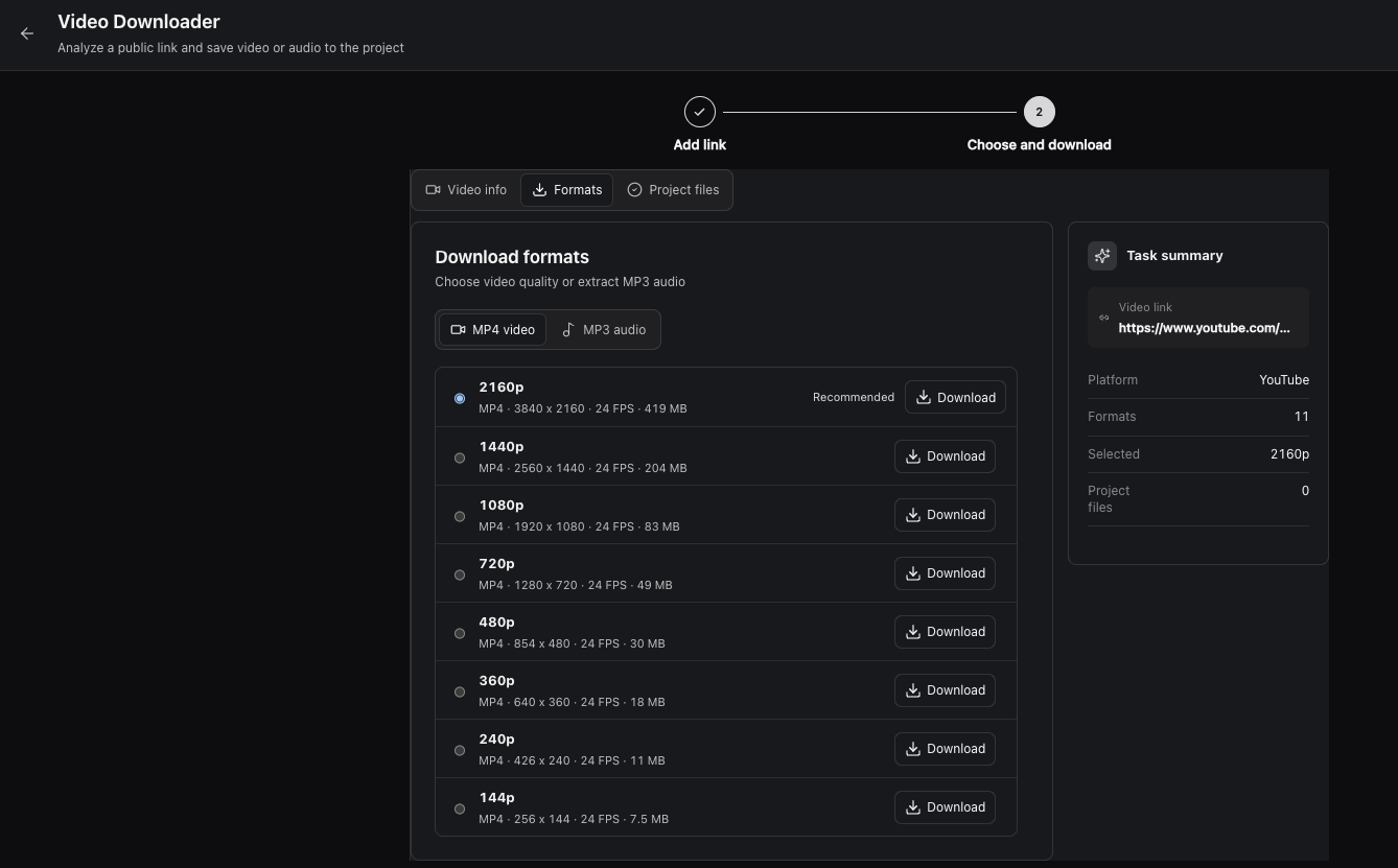 OpenCreator Video Downloader format selection