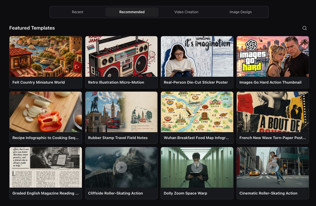 Featured creation templates across video and image categories