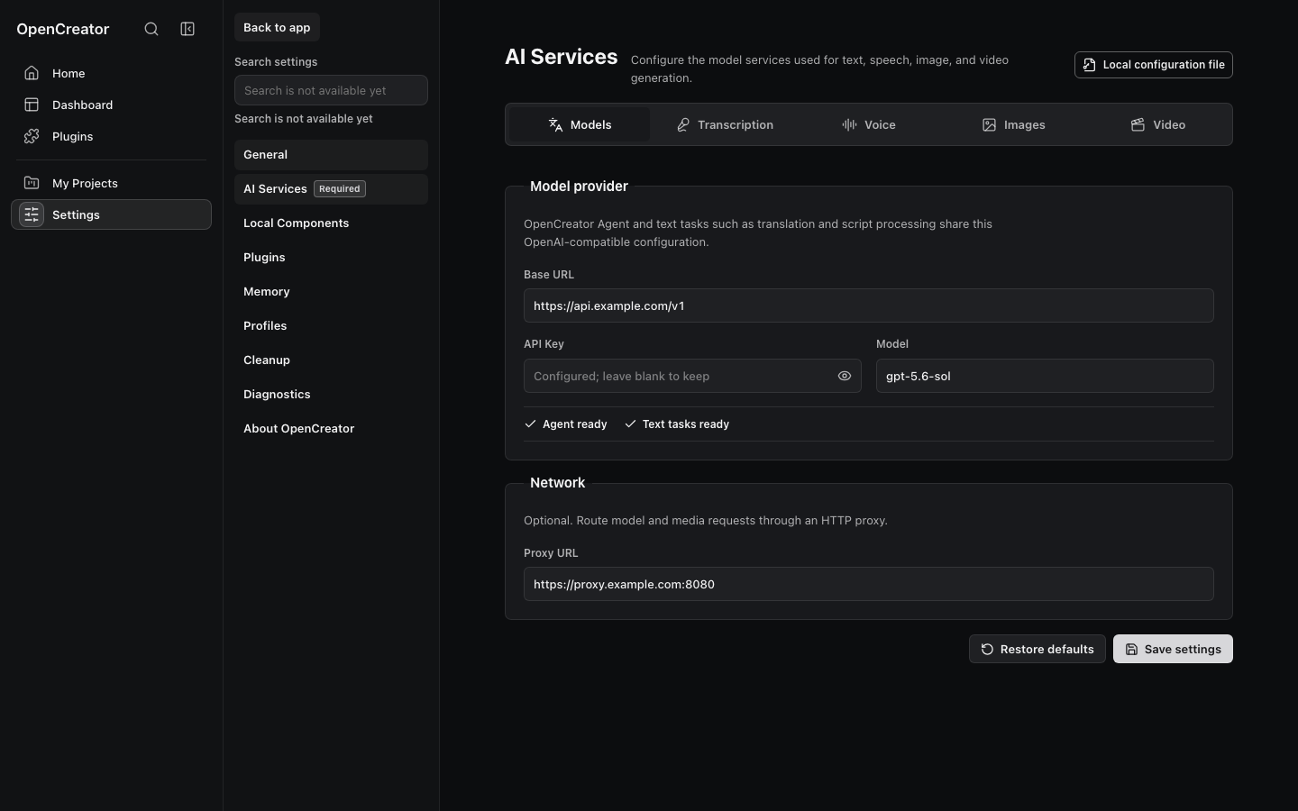 OpenCreator AI Services API Key settings