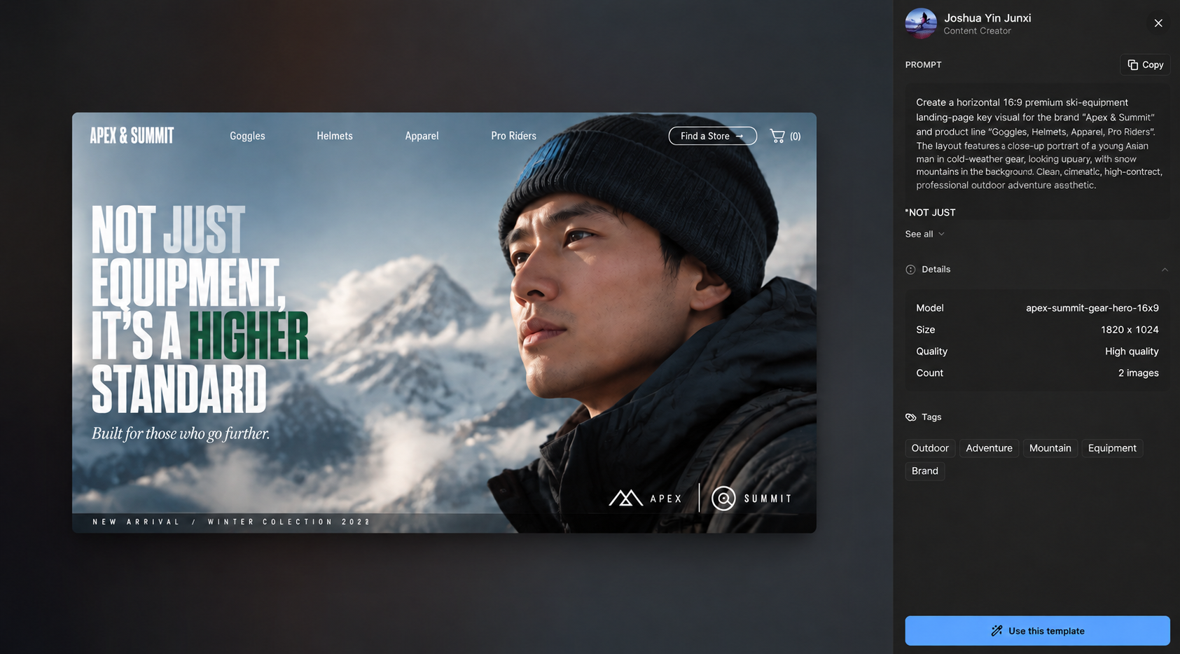 Image creation template detail with example result, settings, and prompt
