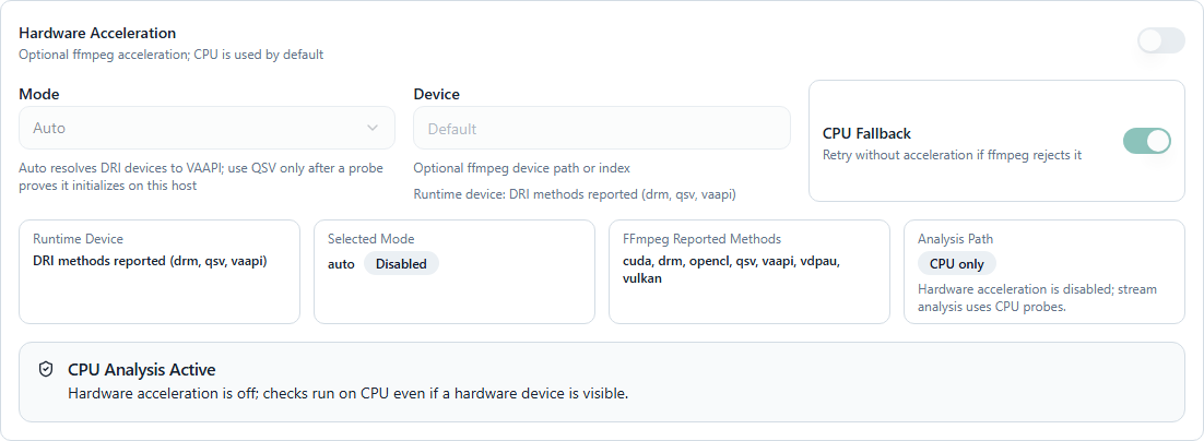 Stream Checker hardware acceleration controls