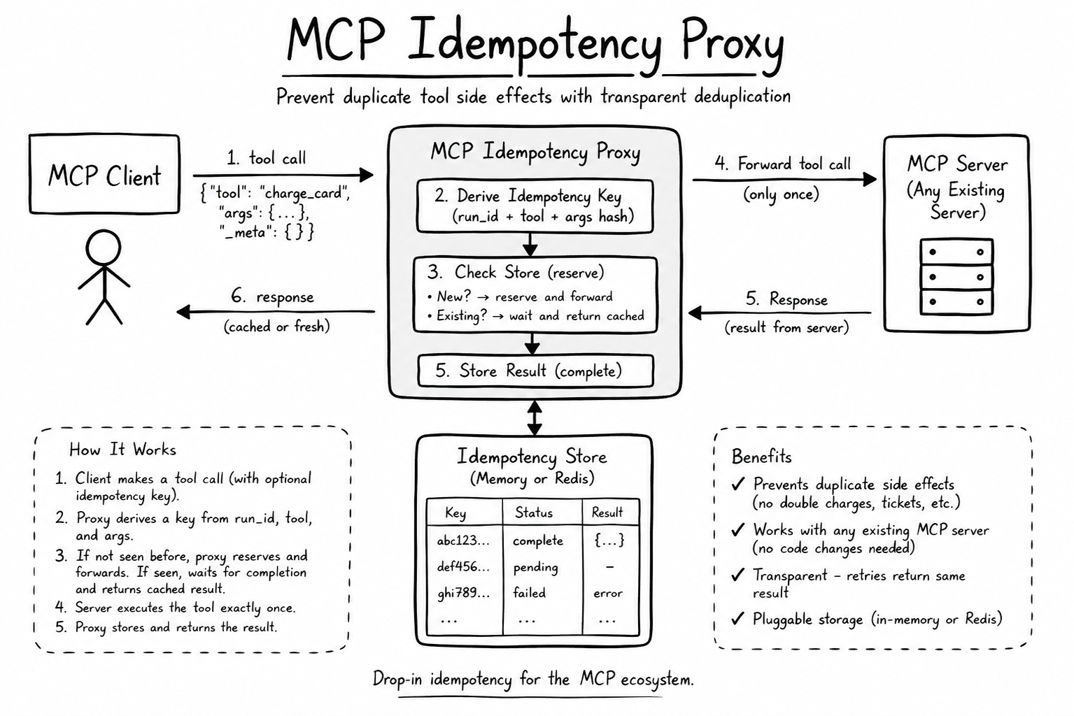 MCP Idempotency Proxy architecture: client, proxy (derive key, check store, forward, cache), idempotency store, and the wrapped MCP server