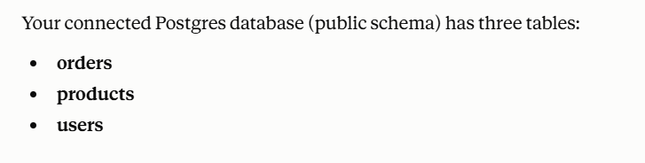 Claude listing tables via the MCP server