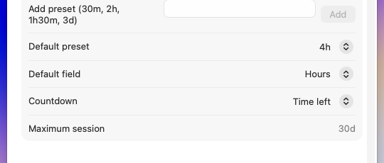 The Countdown row in Settings
