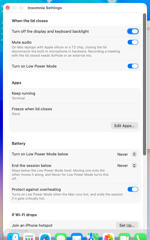 Head: Never for Low Power Mode sets the end to Never, with the new caption under End the session below