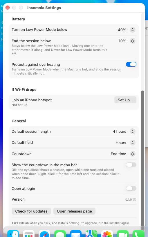 The bottom of the page during a session, with Countdown on End time and the menu bar countdown off