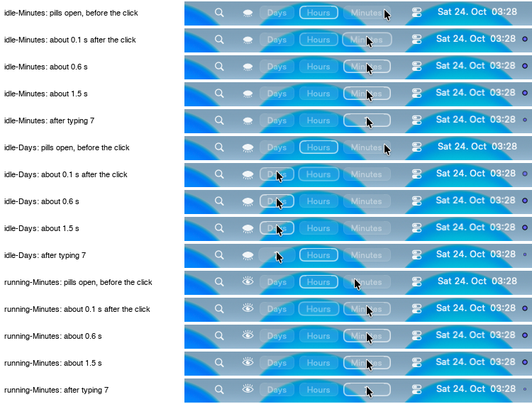 Pill clicks at 732de03: the pills stay open after a click on Minutes or Days
