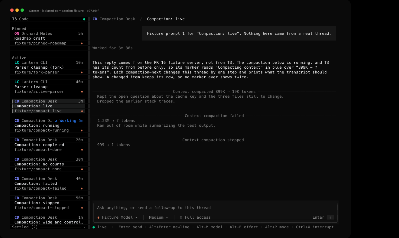 Three compaction markers in one thread: Context compacted 899K → 19K tokens over a two-line summary, Context compaction failed over 1.23M → ? tokens and its summary, and Context compaction stopped over 999 → ? tokens