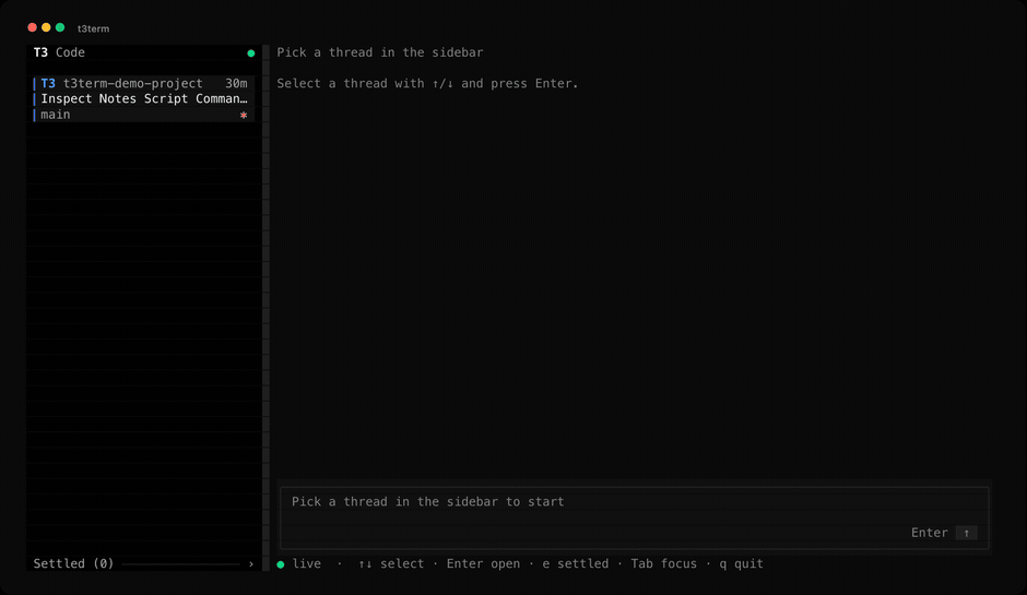 Opening a thread in t3term, sending a prompt, watching the agent run a command and answer, then pressing t to open the tool call and see its output