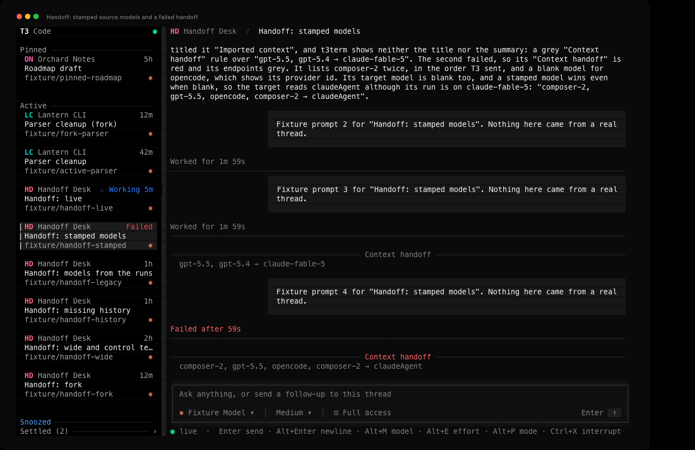 Two Context handoff markers in one thread: a grey one over gpt-5.5, gpt-5.4 → claude-fable-5, and a failed one with a red label over composer-2, gpt-5.5, opencode, composer-2 → claudeAgent