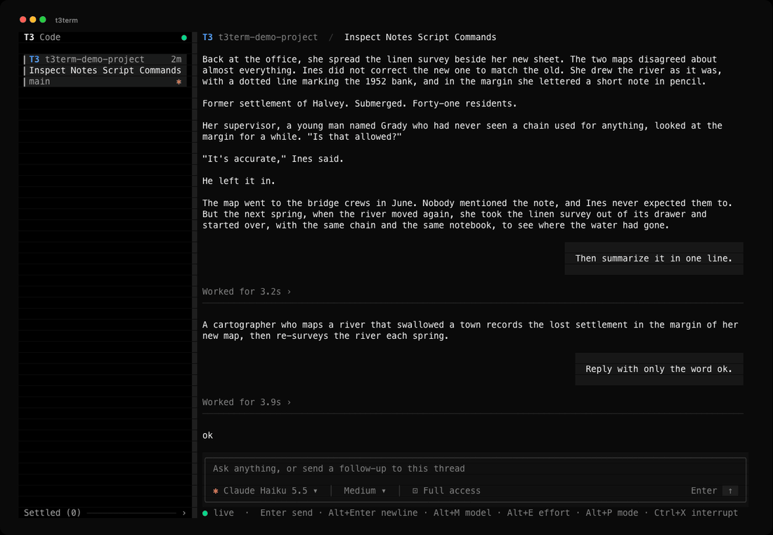 Choosing a model, effort and mode in the TUI, then sending