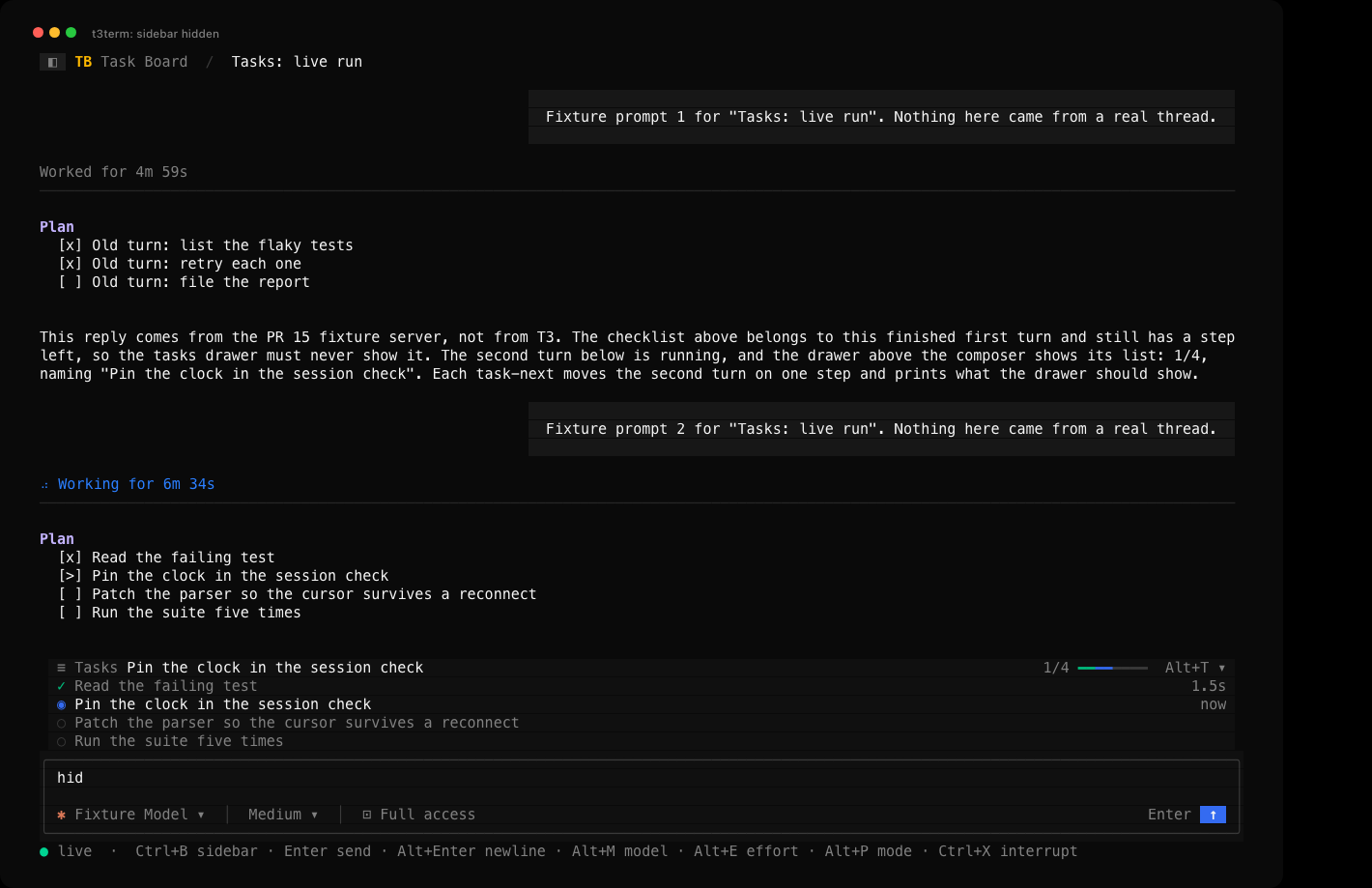 The same thread after Ctrl+B: the conversation takes the full width, ◧ still leads the header, the draft reads hid after an i typed at the kept cursor, and the status line's key hints start with Ctrl+B sidebar