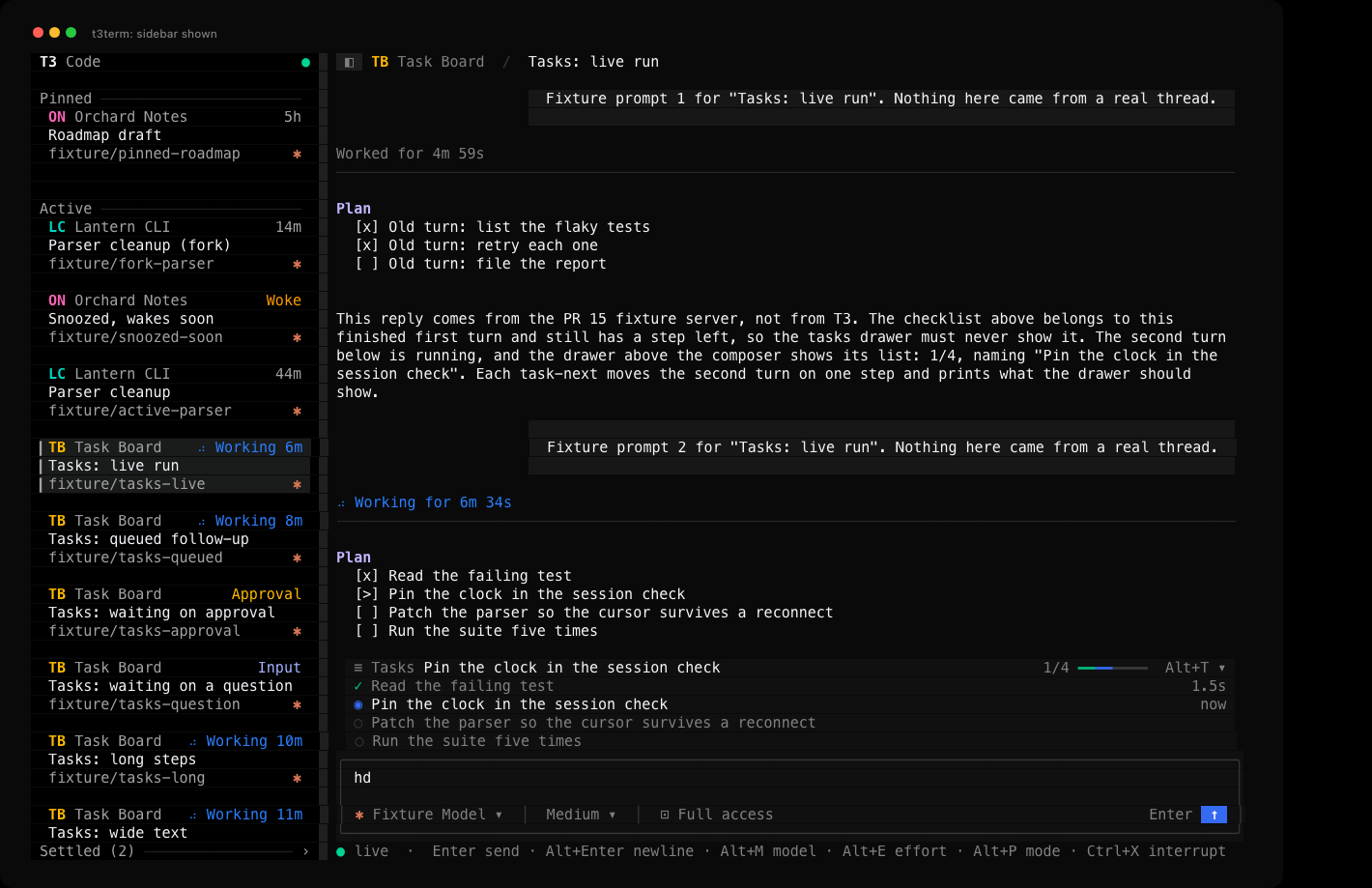 t3term with the sidebar shown: shelves of threads on the left, and on the right ◧ before the breadcrumb, a running turn's plan, the tasks drawer and the draft hd in the composer