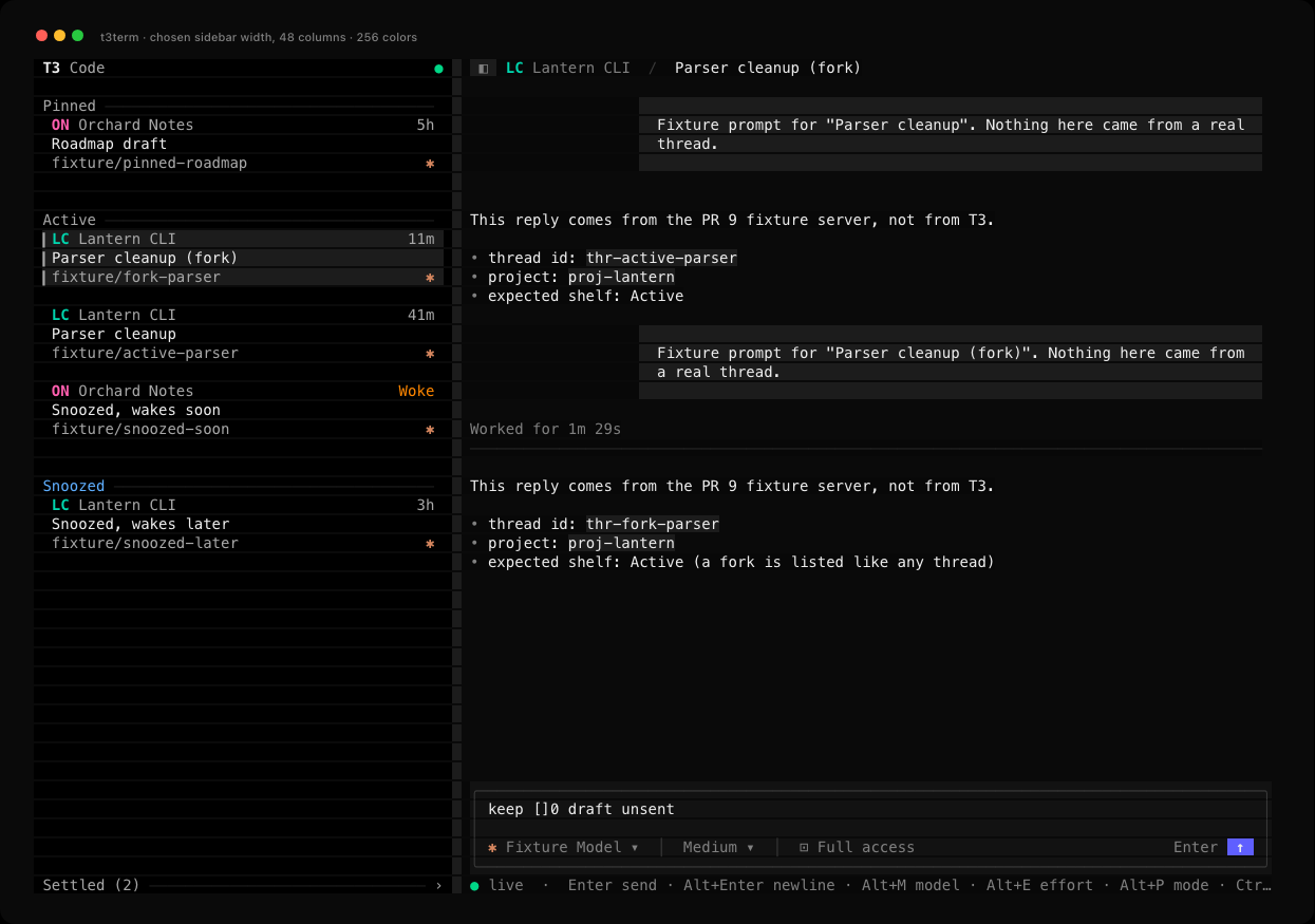 A 48-column sidebar in 256 colors with Parser cleanup (fork) open and keep []0 draft unsent typed in the composer