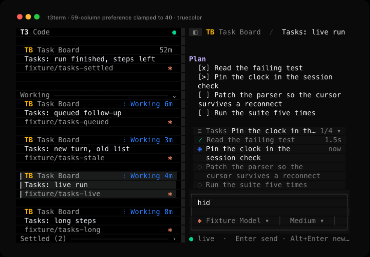 On an 80x24 screen the saved 59 columns draw as 40, half the screen, beside the same thread's plan and tasks drawer, and the draft reads hid