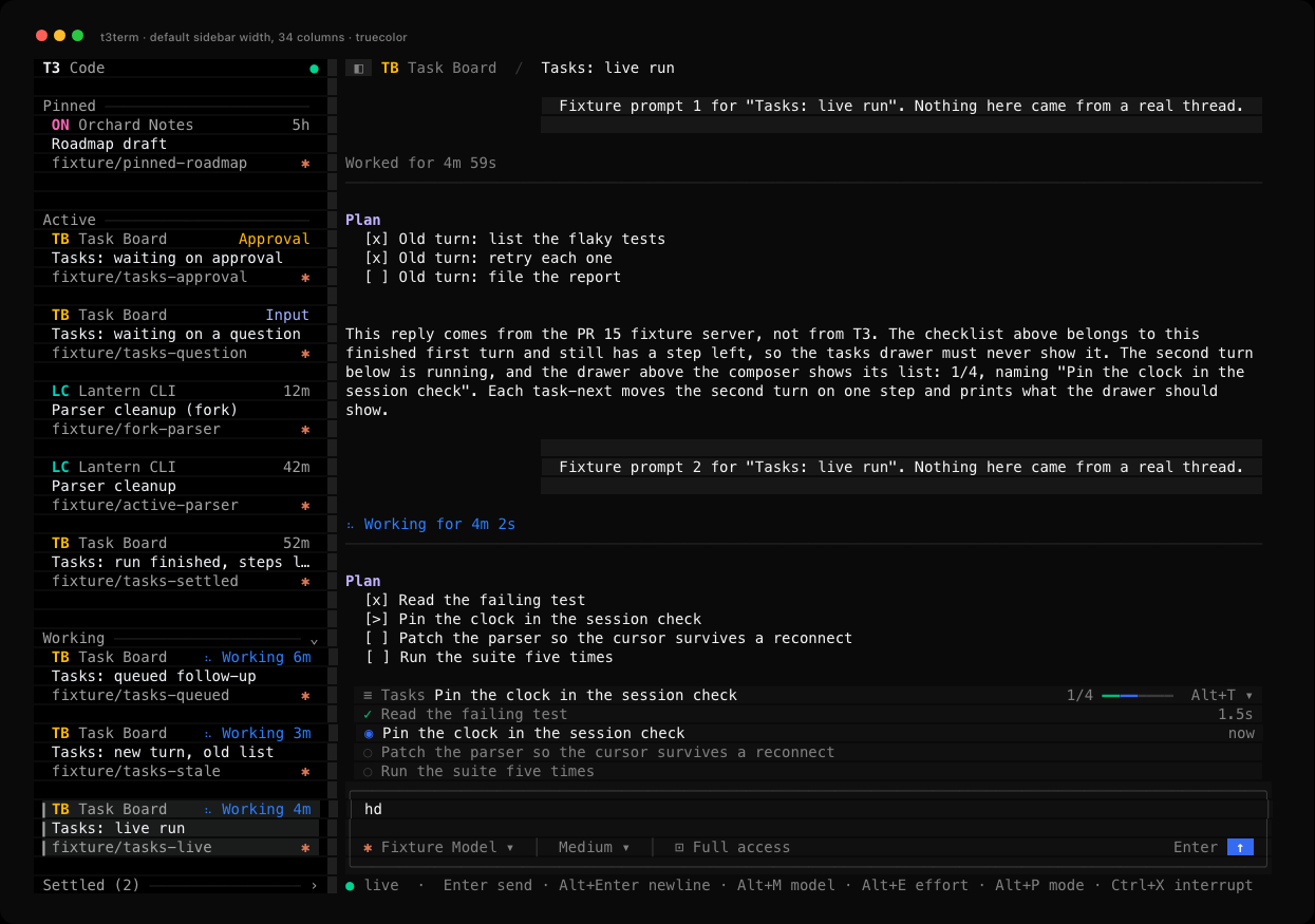 t3term with no width saved: a 34-column sidebar of shelves, the thread Tasks: live run open with its plan and tasks drawer, and the draft hd in the composer