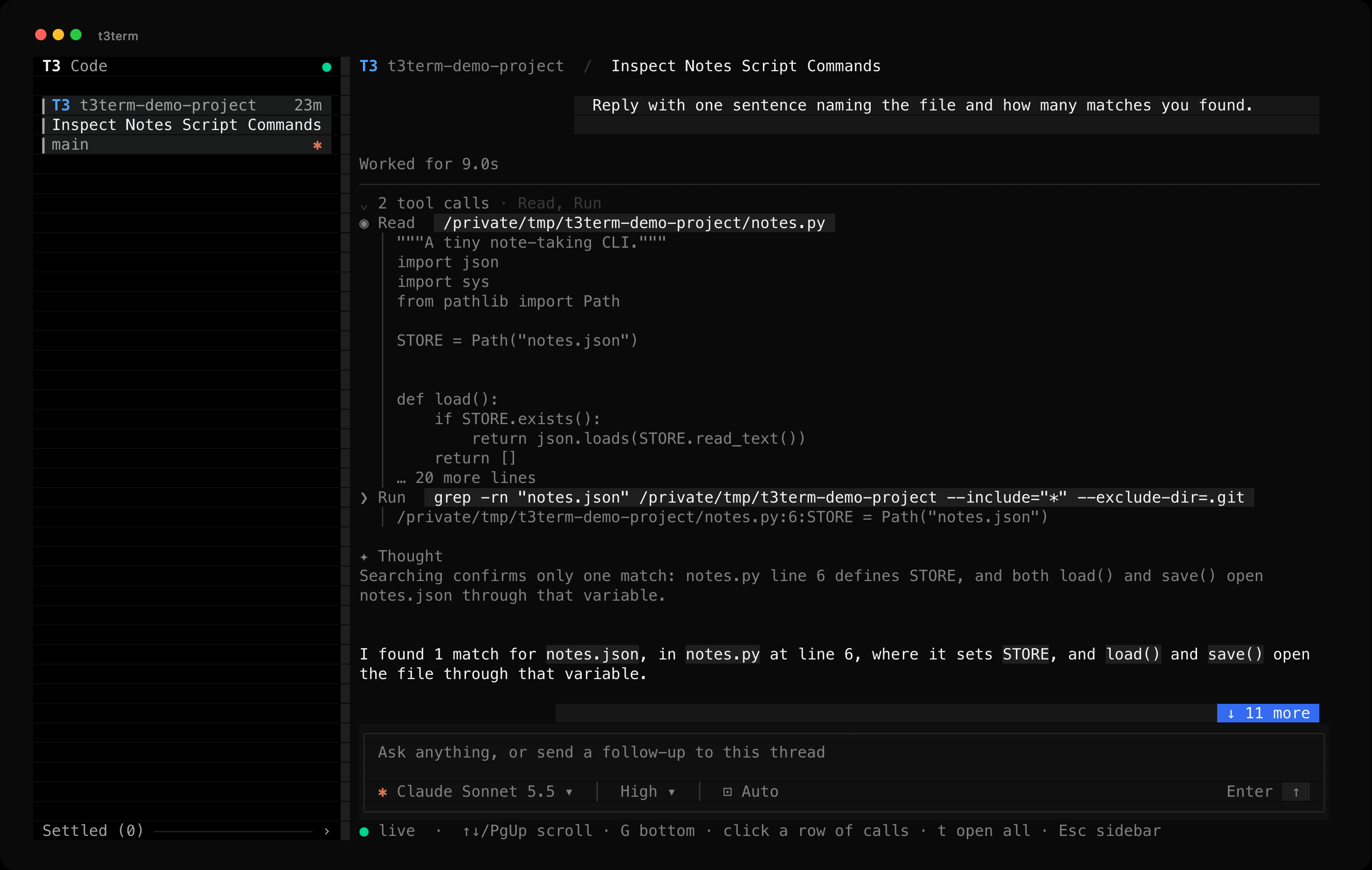 The same turn with the row open: a file read and a search, each with its output
