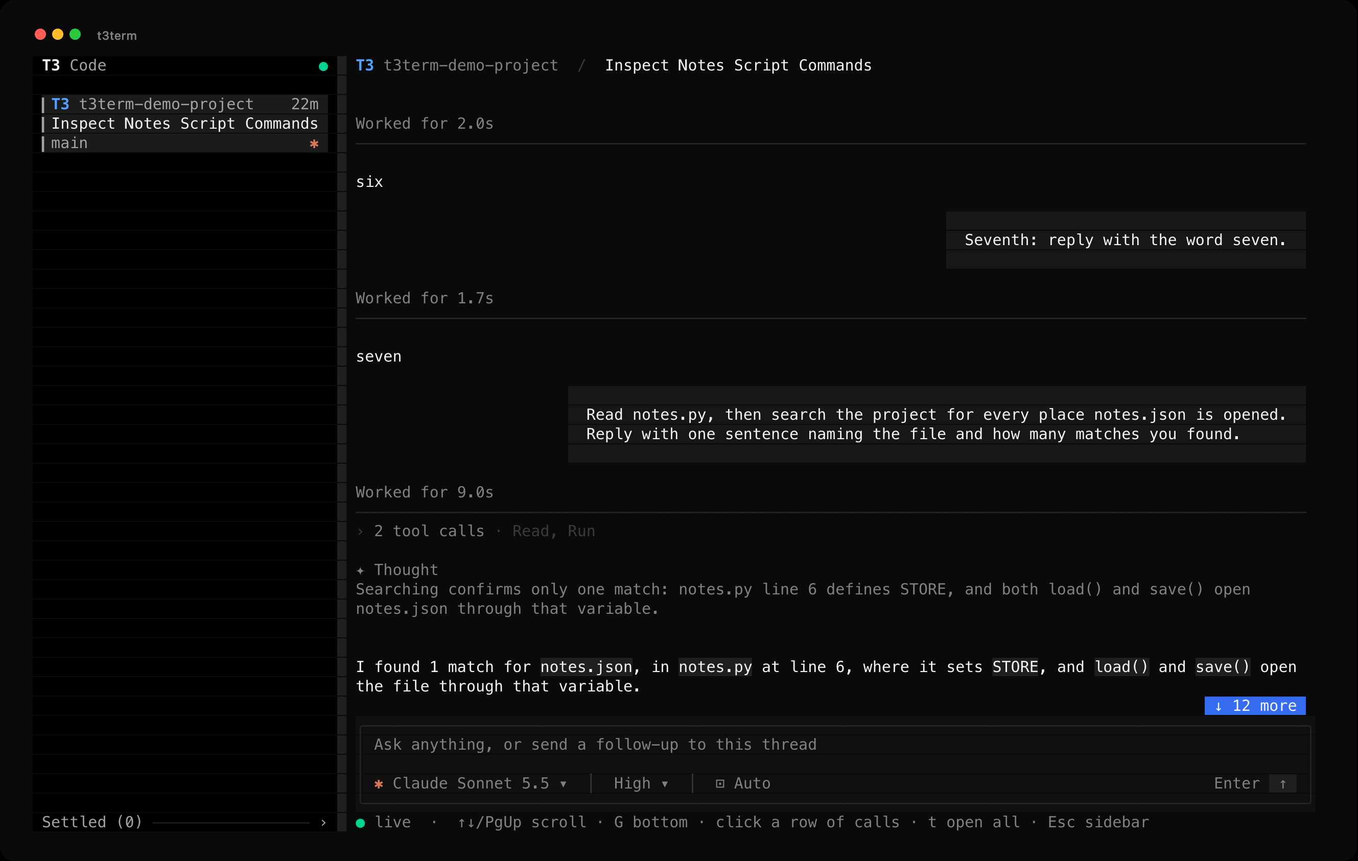 A turn with its tool calls folded into one row, the reasoning in grey, then the answer