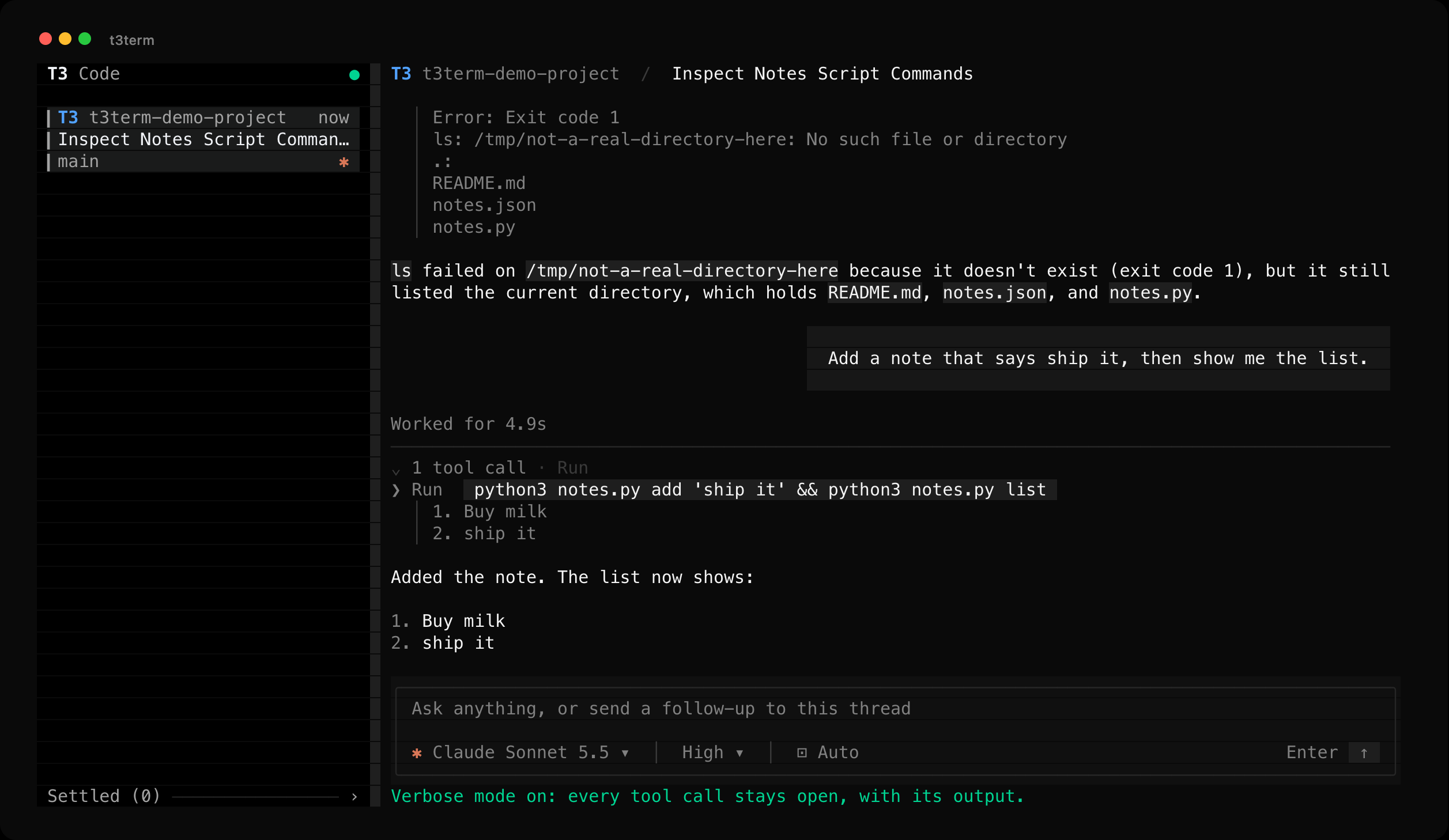 t3term with a thread open: the sidebar on the left, a turn showing a command and its output, the answer, and the composer with model, effort and mode chips