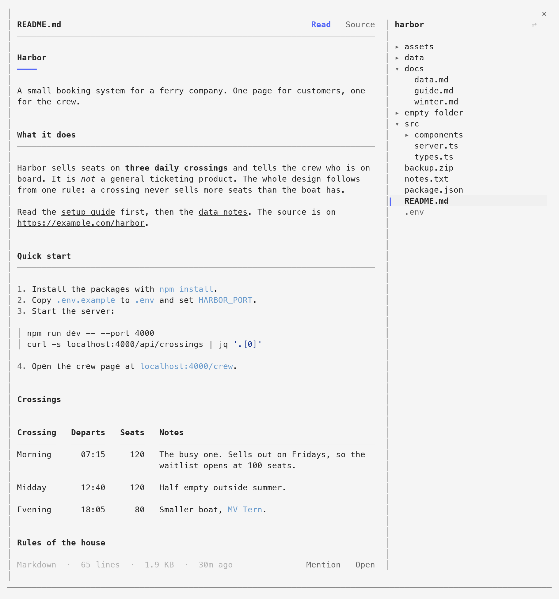 The folio pane on a sample project