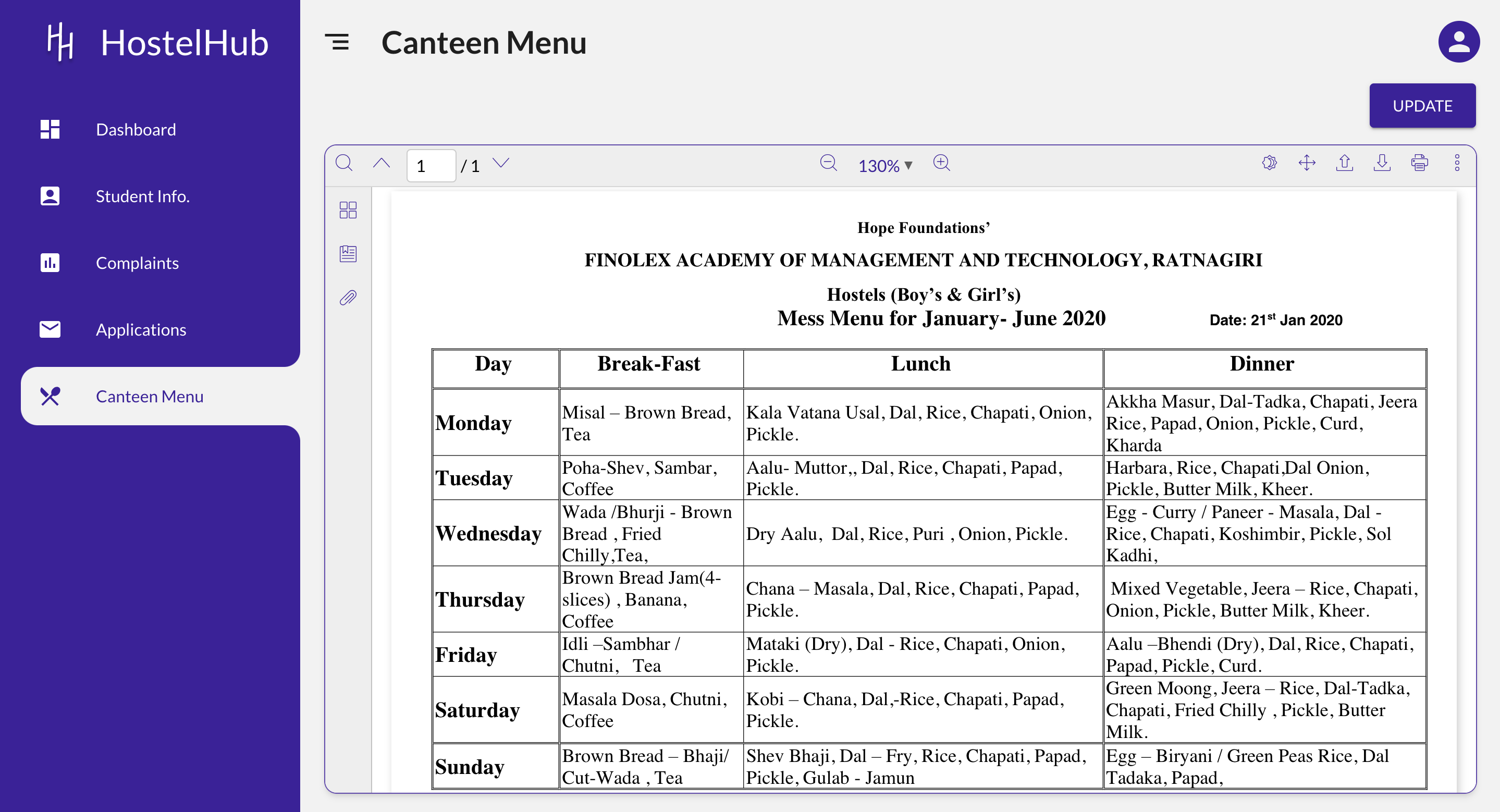 Canteen Menu Page