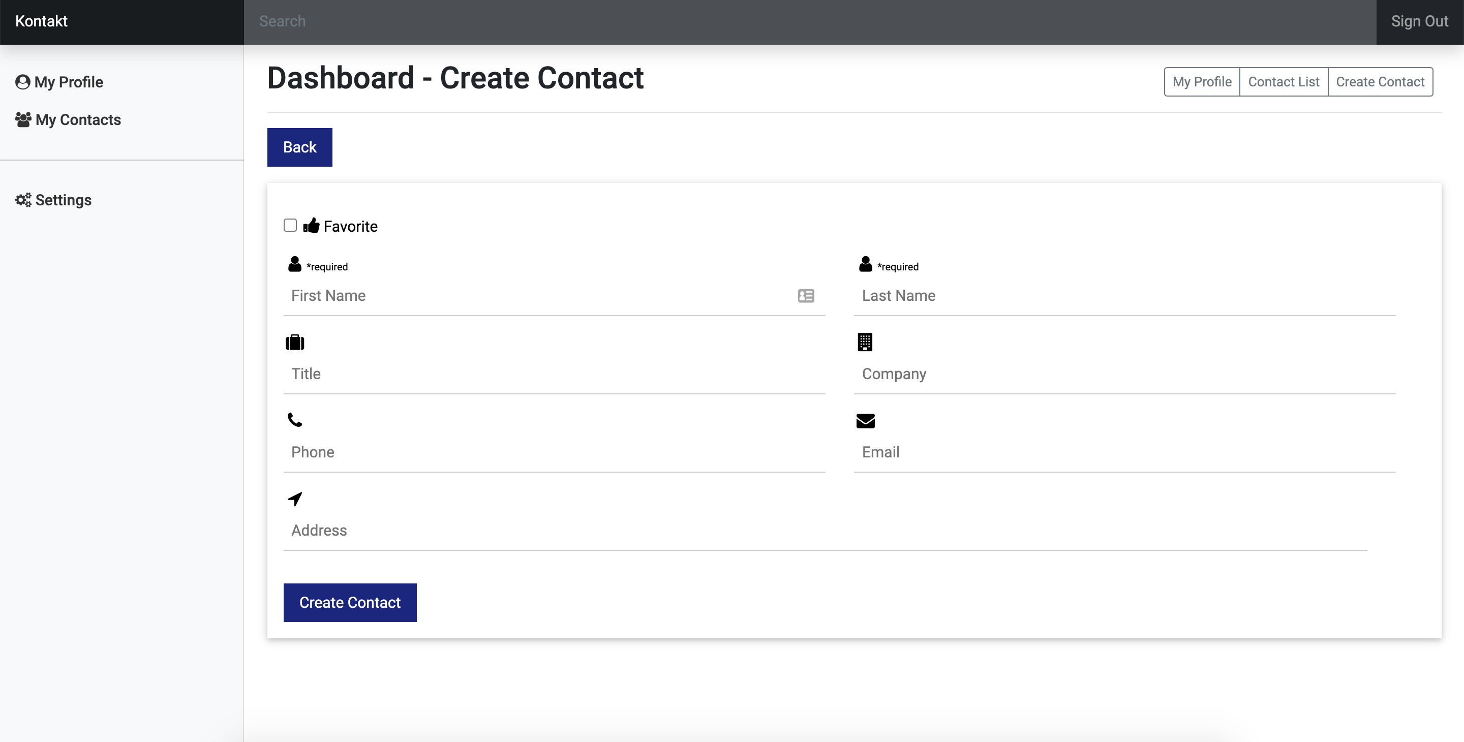 Kontakt Create New Contact View