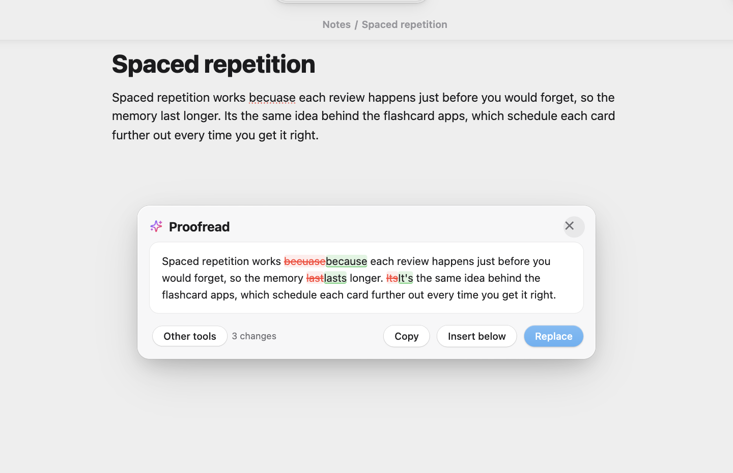 Proofreading a selection: each change is shown before you replace the text