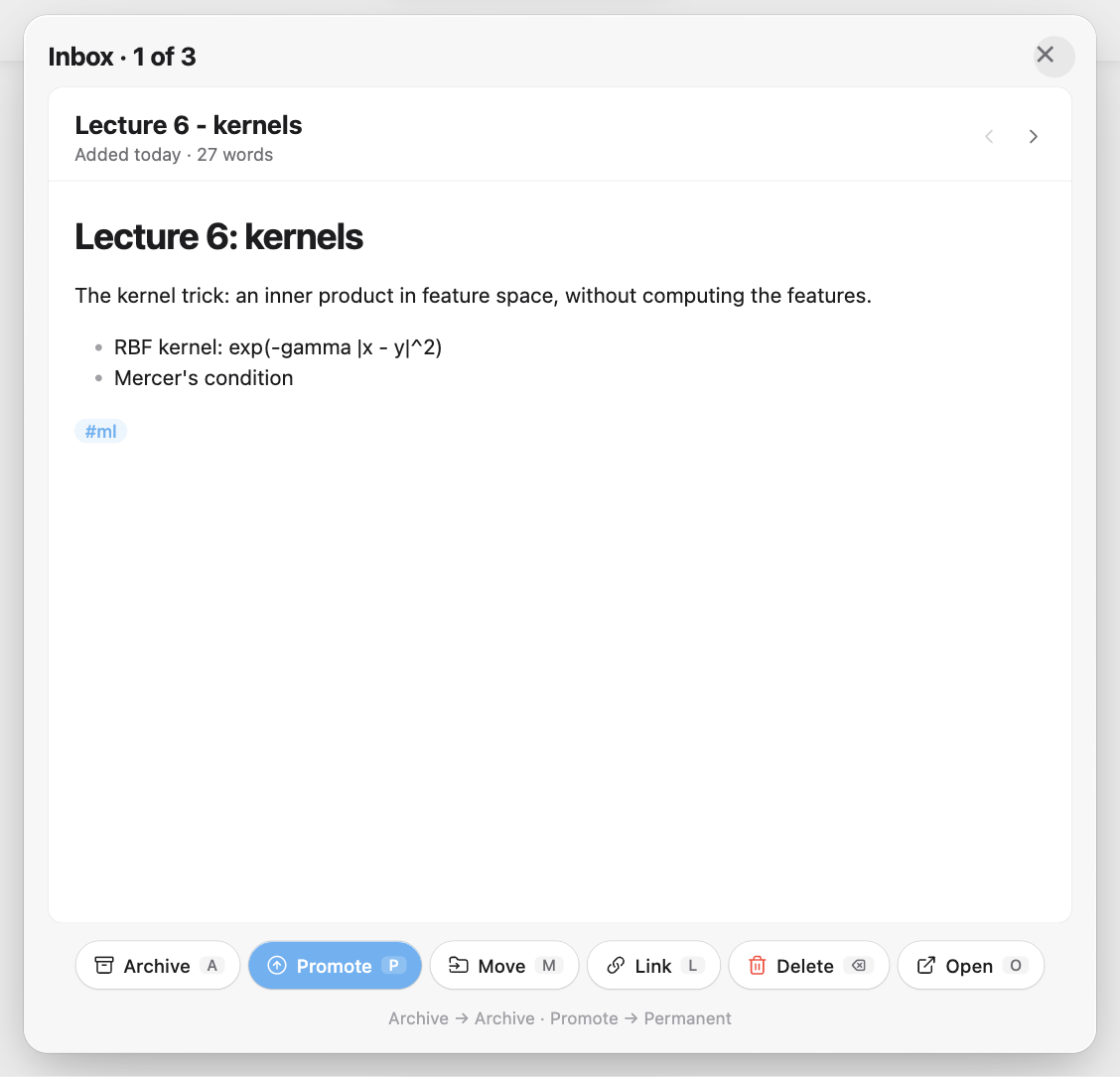 Inbox triage: archive with A, move with M, promote with P