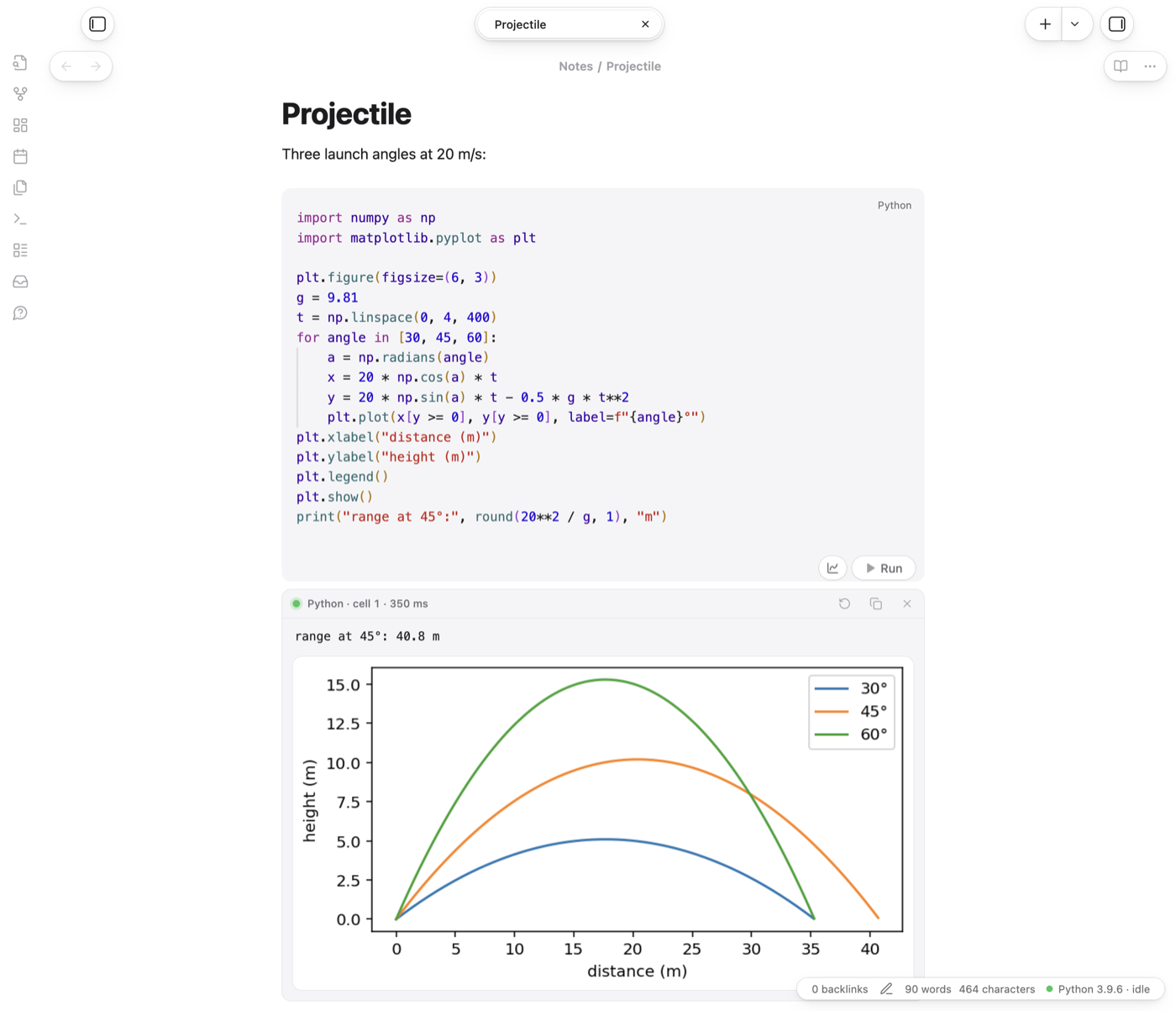 A Python block with its output and plot