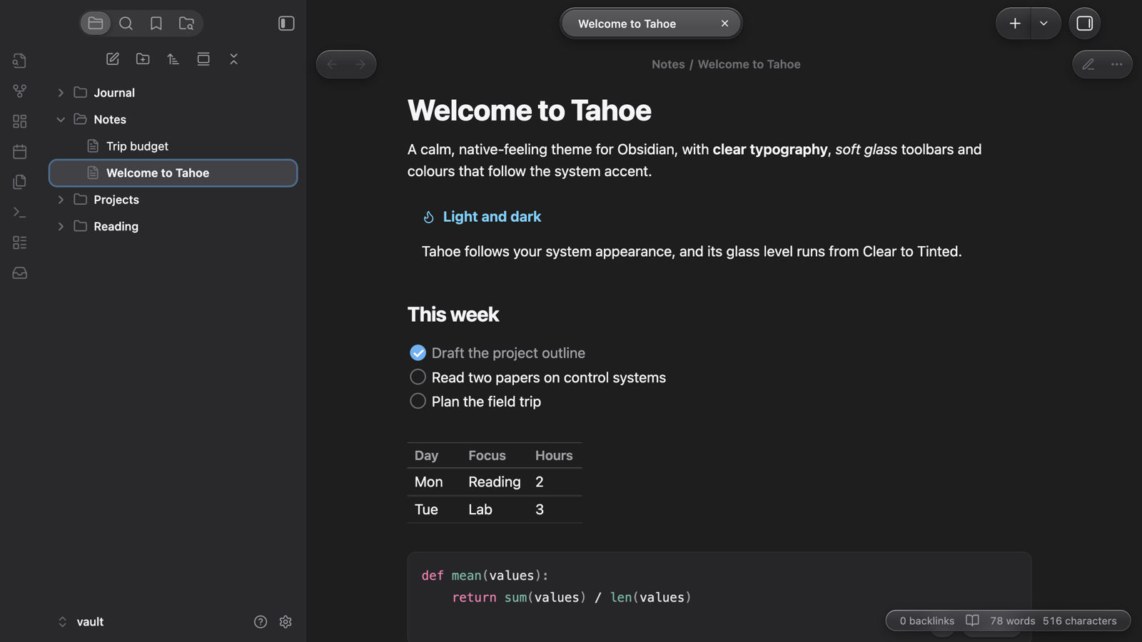 Tahoe in dark mode