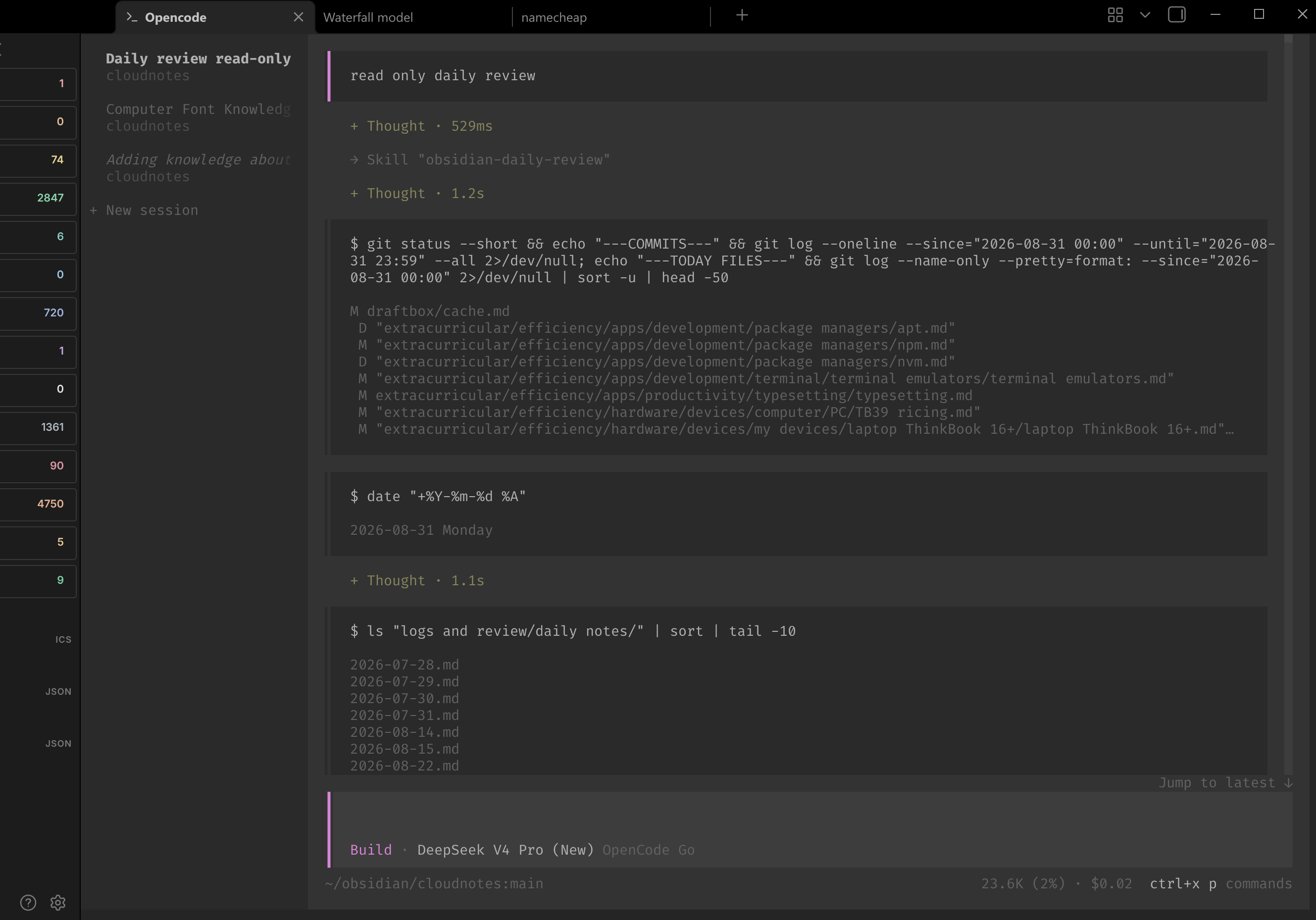 OpenCode 2 showing vertical session tabs inside Obsidian