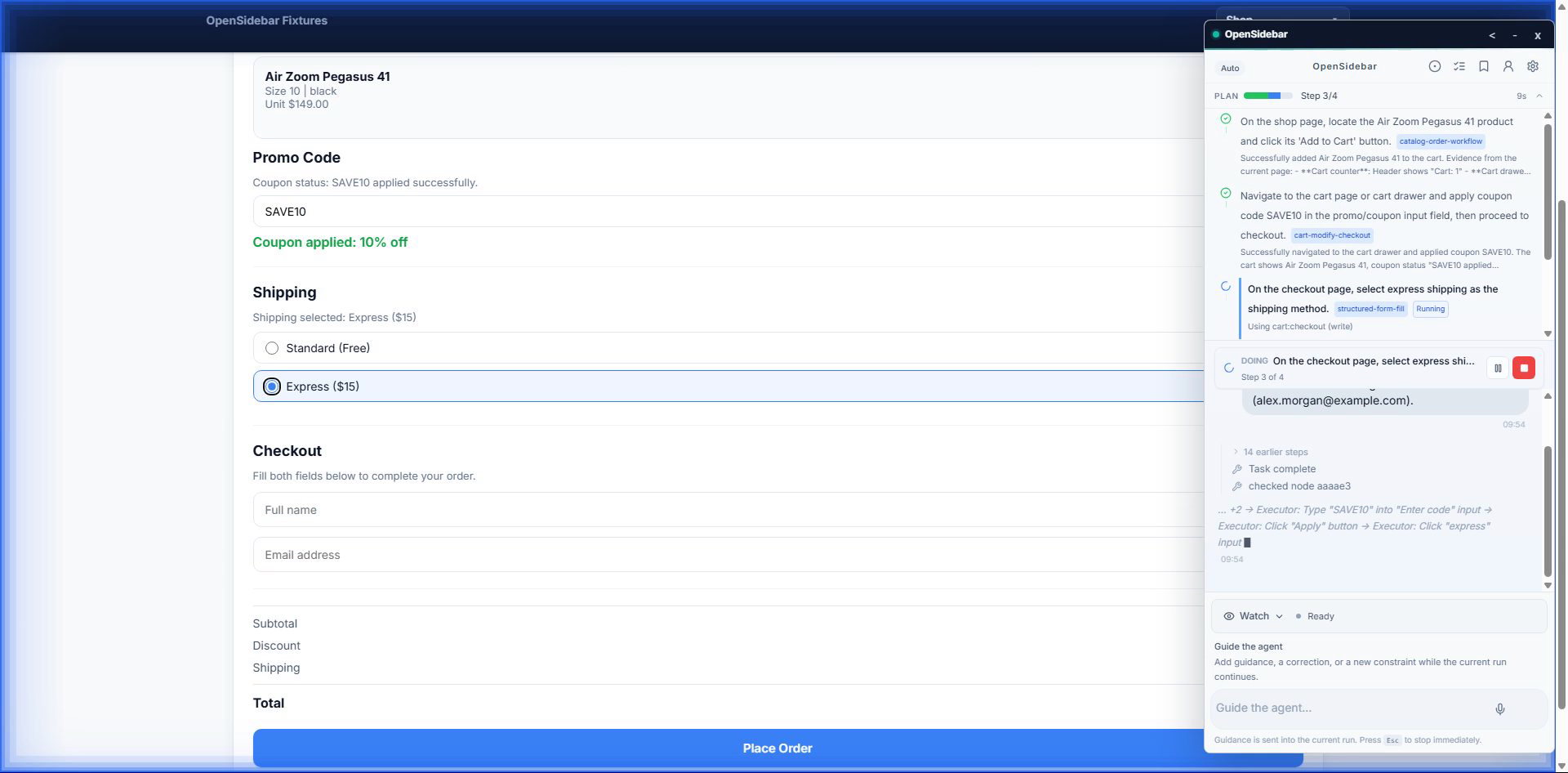 OpenSidebar side panel running a browser task