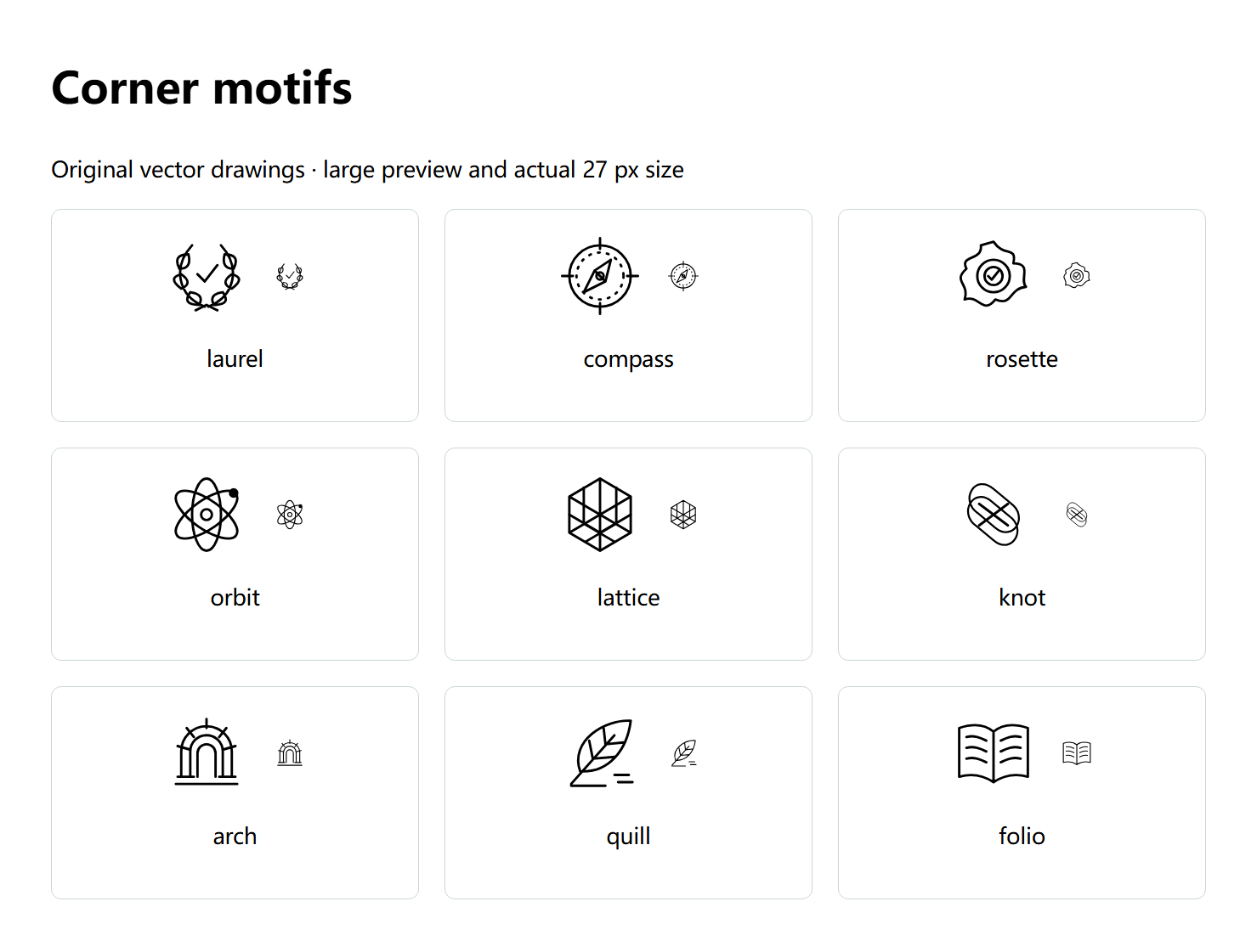 Nine original corner motifs, enlarged and at actual size