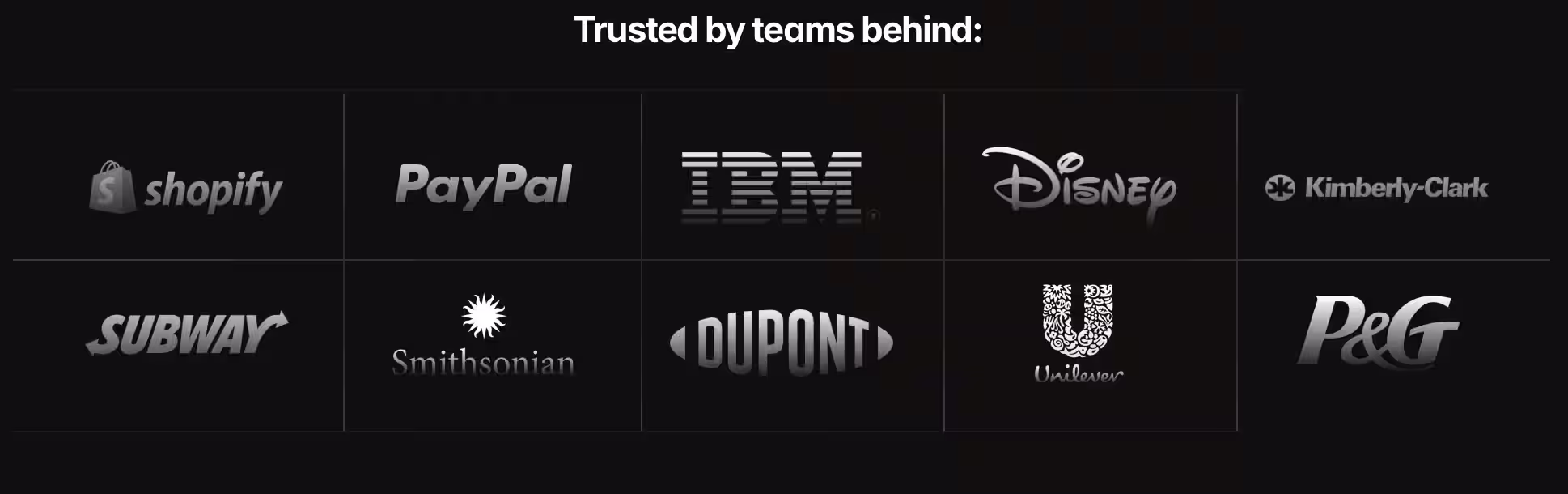 Trusted by Shopify, PayPal, IBM, Disney, Kimberly-Clark, Subway, Smithsonian, DuPont, Unilever, P&G