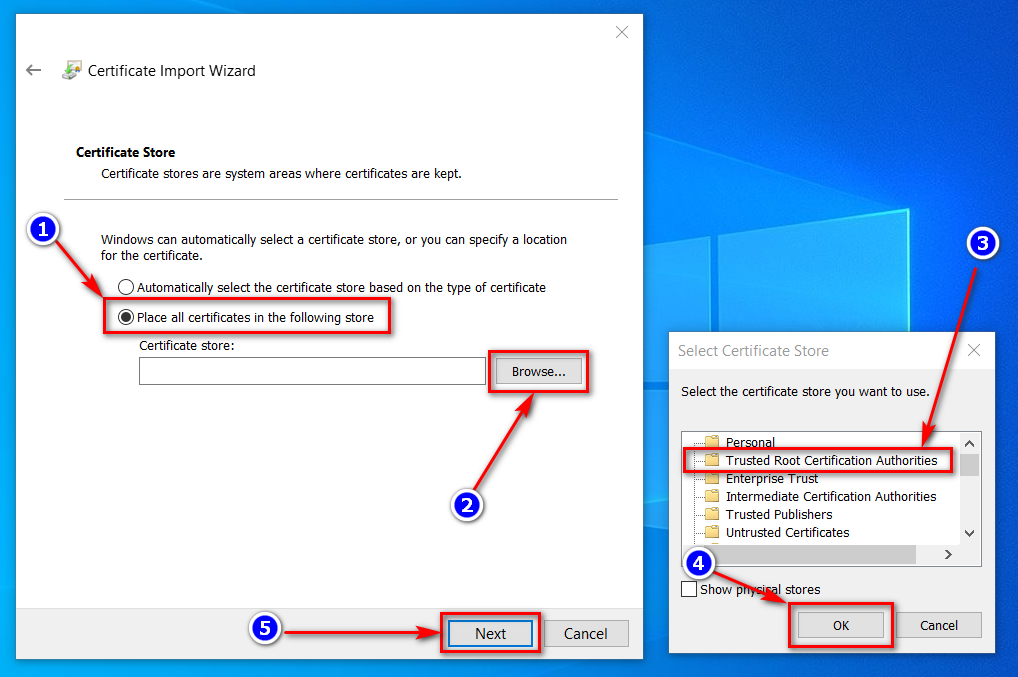 Install the certificate to "Trusted Root Certification Authorities"