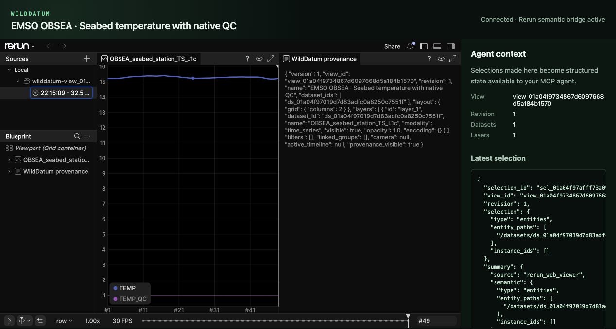 WildDatum rendering EMSO OBSEA seabed temperature and native quality-control data in Rerun with provenance and structured agent context